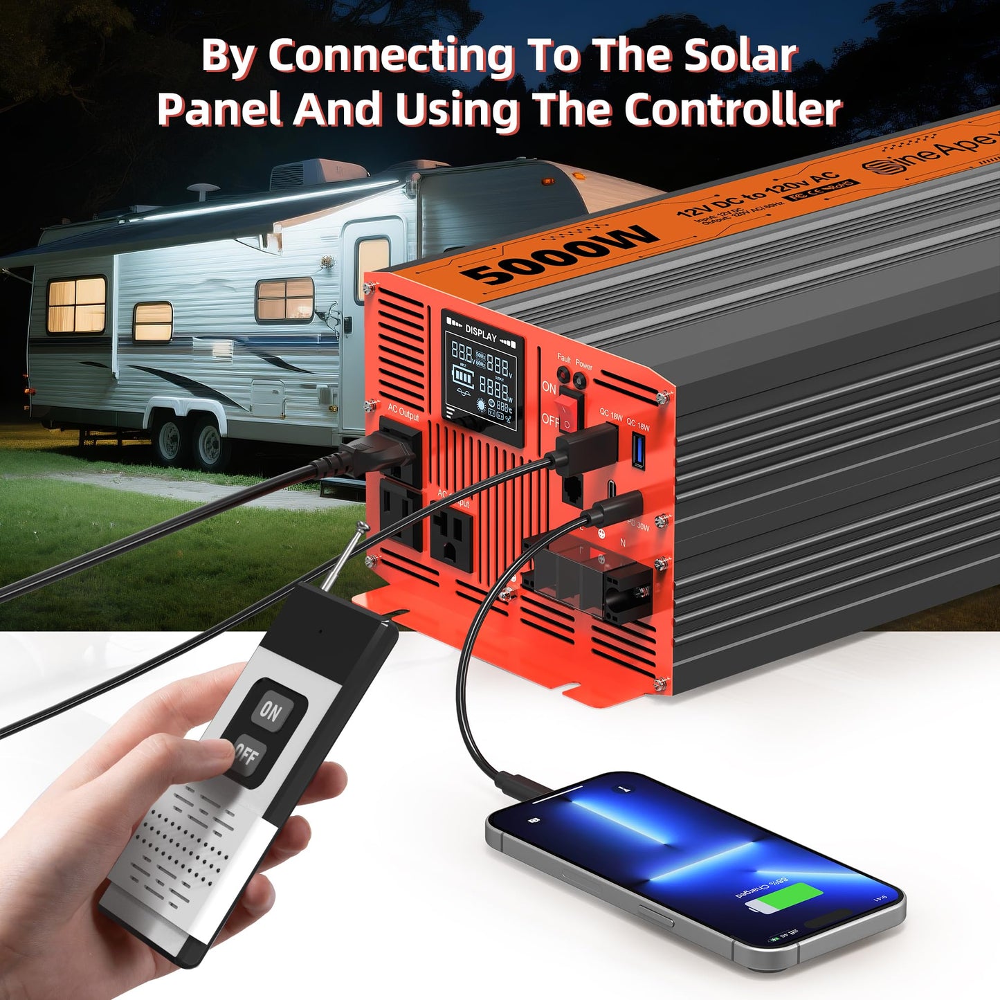 5000W Pure Sine Wave Inverter, Car Power Inverter 12V to 120V with Dual AC and 20A Socket, 18W+18W USB, 100W+30W Type-C, Surge 10000W, Remote Controller