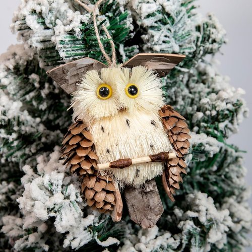Cartanfill Woodland Animal Owl Ornaments - Set of 6 Assorted Wood & Sisal for Christmas & Thanksgiving