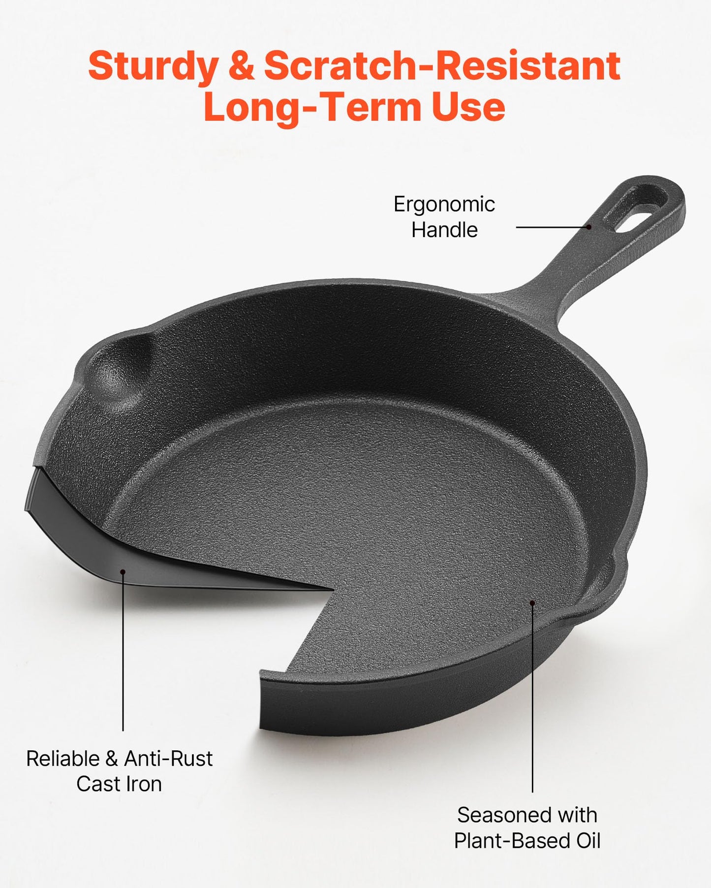 VEVOR Cast Iron Skillet, 3-Piece Frying Pan Set (6, 8, 10 in), Heavy-Duty Skillets with Heat-Resistant Handle, Pre-Seasoned Chef's Pan, Kitchen Cookware, for Oven, Gas, Electrical, Induction, Black