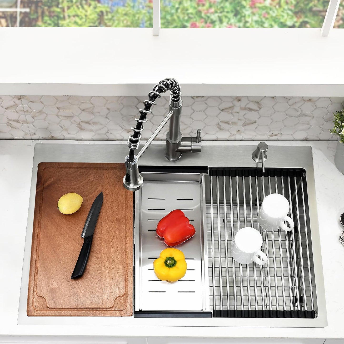 WMXQX Drop In Kitchen Sink, 33x22 Kitchen Sink with Faucet Stainless Steel Top Mount Workstation Overmount Handmade Single Bowl Deep Sink with Cutting Board&Soap Dispenser