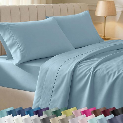 California Design Den Queen Bed Sheet Set - 100% Cotton, 400 Thread Count, Silky Smooth Sateen - Sky Blue