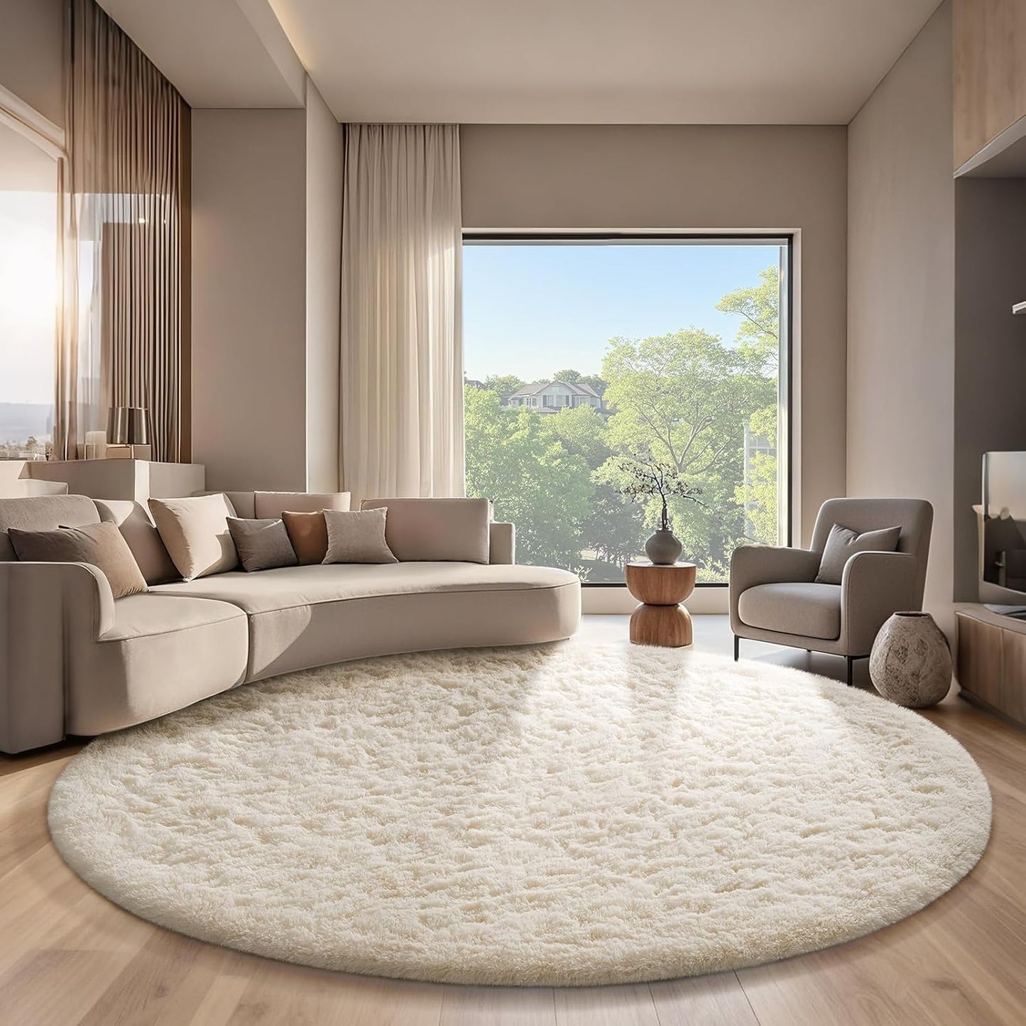 Ophanie Round Area Rug - 7Ft Ivory Circle | Soft Fluffy Shaggy Carpet for Aesthetic Room Decor
