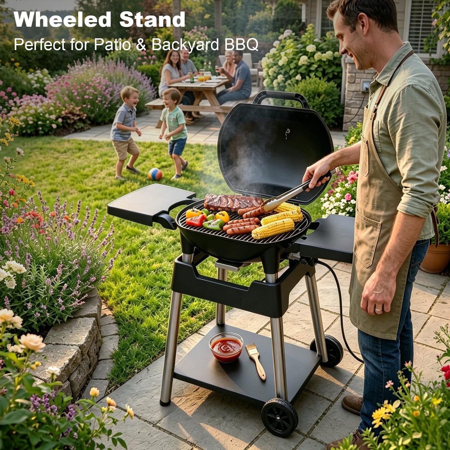 THERMORA Electric Grill Outdoor Grill, 1500W Power, 277 Sq.In Cooking Area, Removable Wheeled Cart Style, Indoor/Outdoor Eletric Grill, Nonstick Grill Grate, Built-In Thermometer BBQ Grill