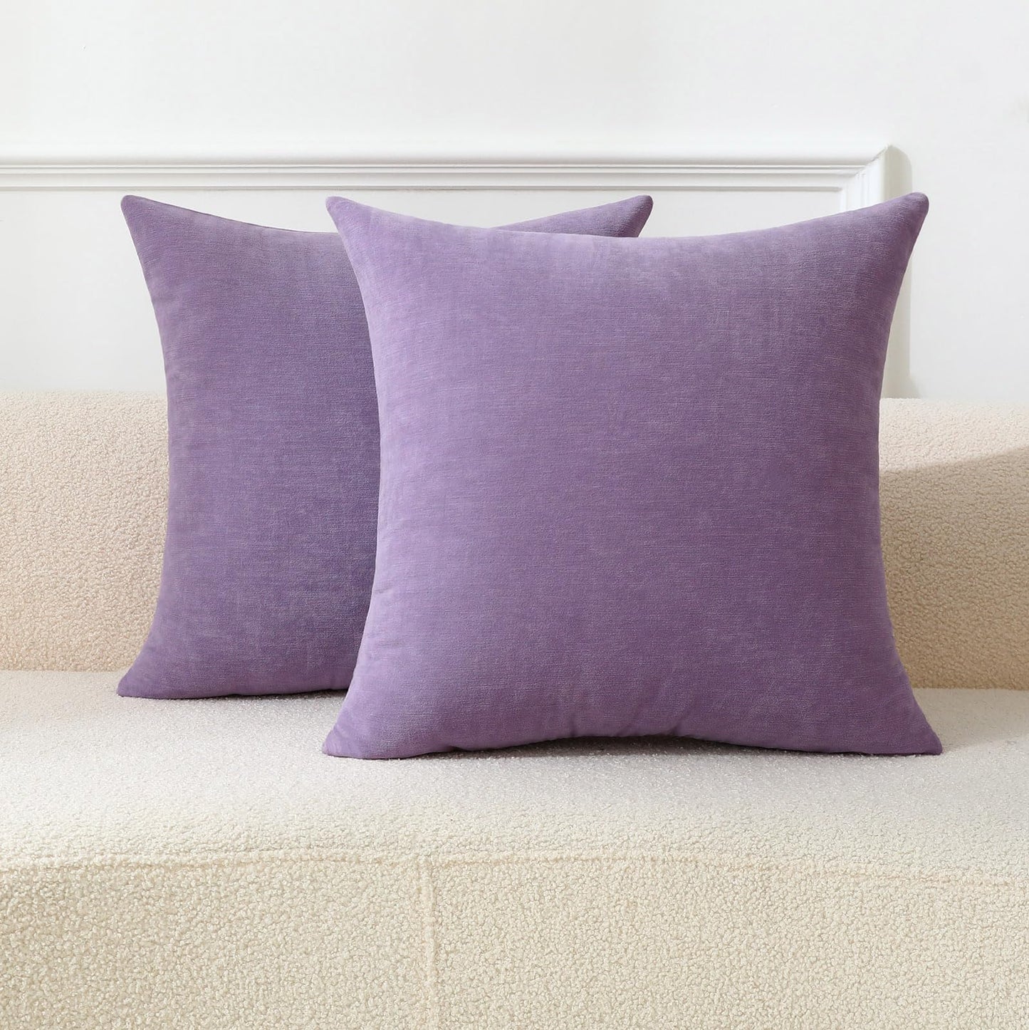Qanatmz Lavender Cozy Soft Throw Pillow Covers, Light Purple Decorative Chenille Square Couch Cushion Cases for Sofa Decor, Set of 2, 18 x 18 Inches