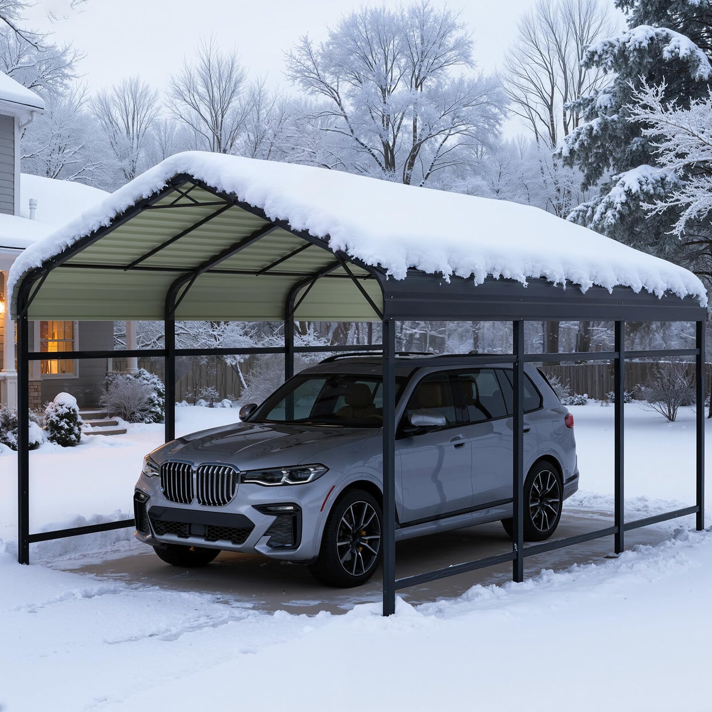 Greesum 10x15FT Metal Carport with Heavy Duty Frame and Galvanized Steel Roof, Round Carports with Side Support Rods, Canopy Shelter for Car, Pickup Trucks, Boats, Party, Gray