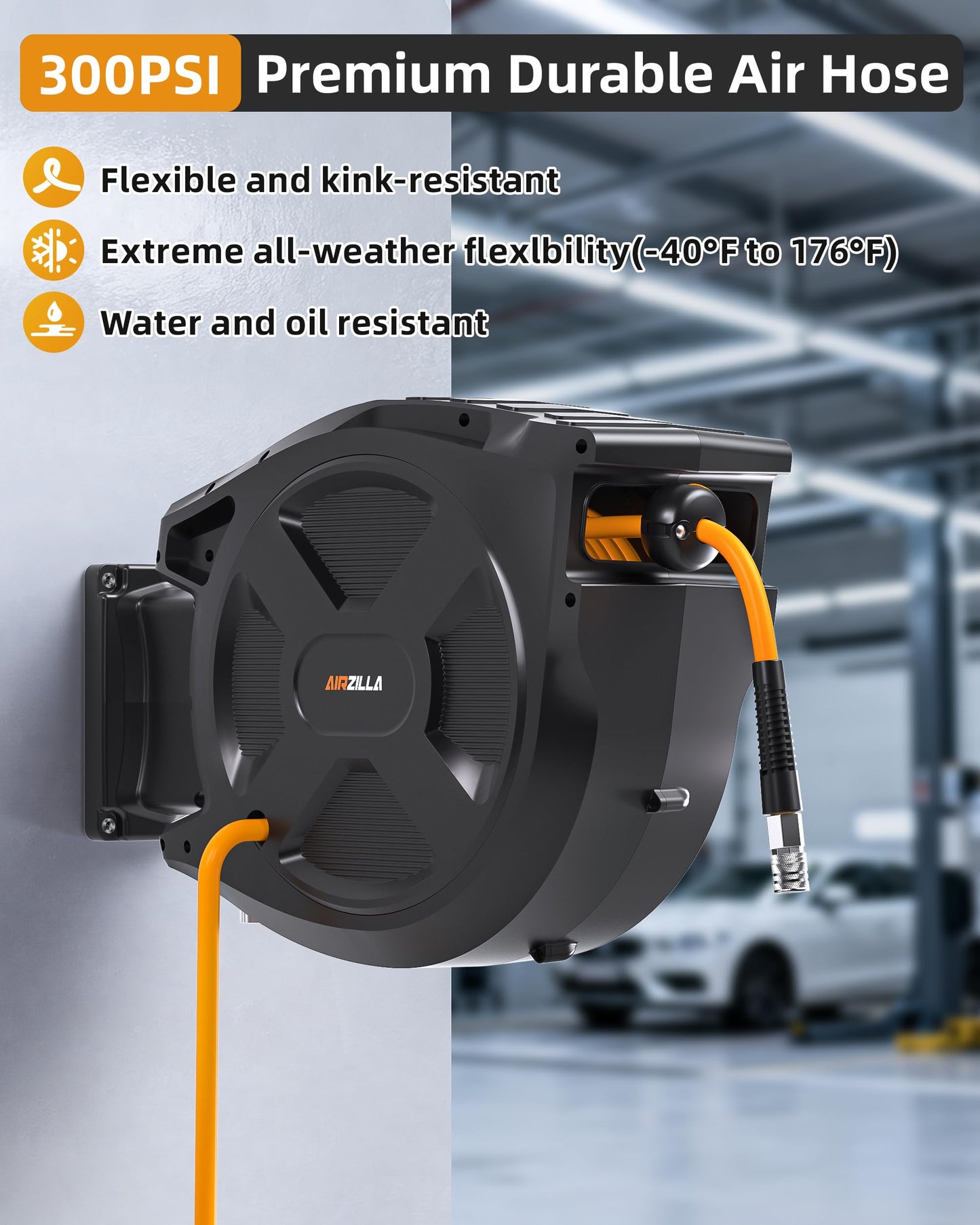 Retractable Air Hose Reel, 3/8" x 100Ft Flex Hybrid Air Hose Max 300PSI Kink-resistant Air Compressor Hose Reel Auto Rewind with 6Ft Lead in, Quick Connect, 180° Swivel Mounting Kit.