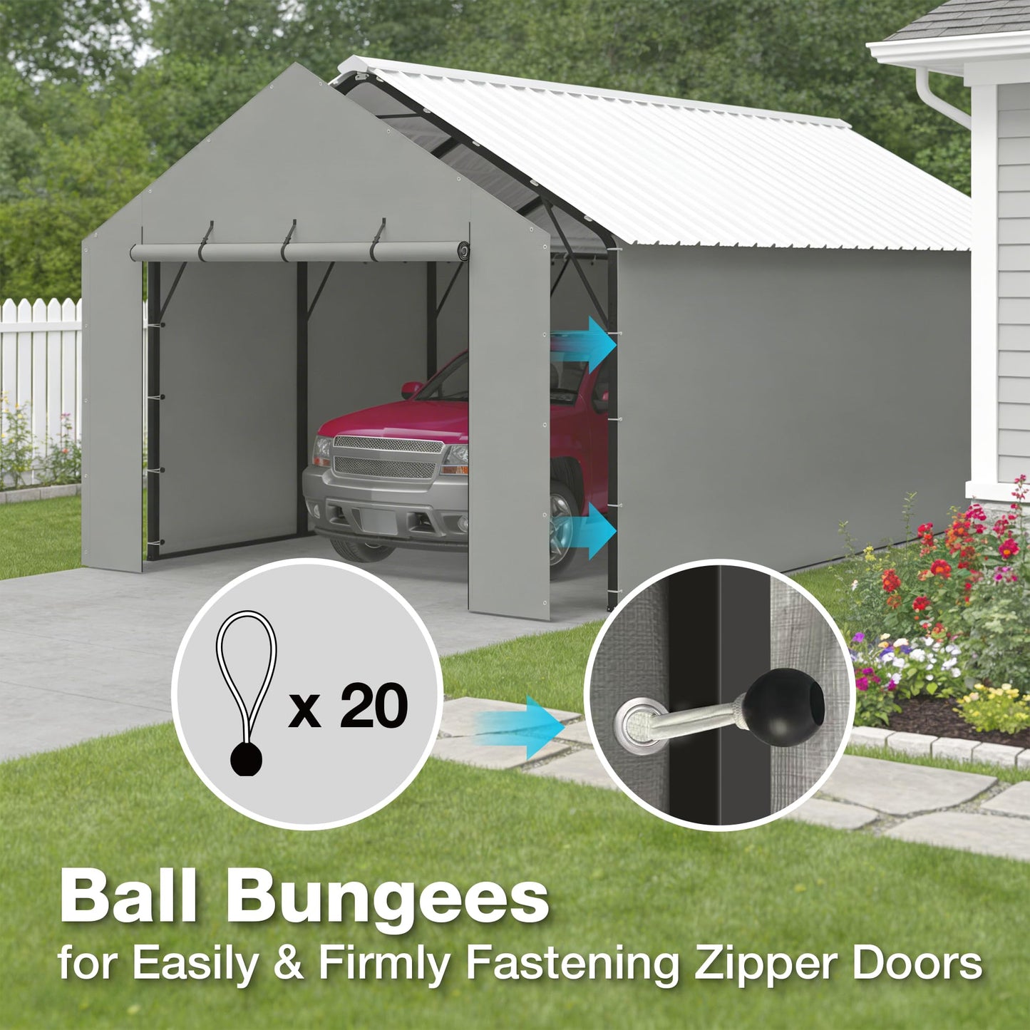 FLOUREE Metal Carport Zipper Door Replacement Fits 20'x16' 20'x20' 20'x25' 20'x26'Heavy Duty 220g PE Tarp, Waterproof UV Resistant Roll-Up Cover with Bungees, Gray (No Frame)
