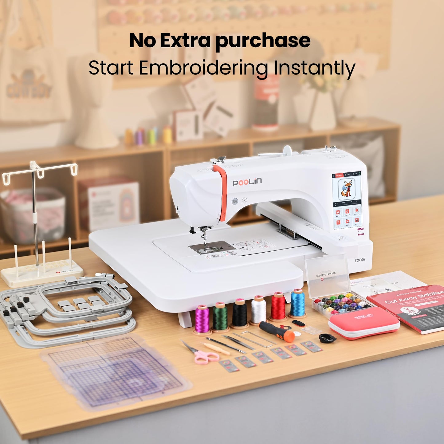 PooLin EOC06 Embroidery Machine,11"x7.9",7.9"x7.9",5.5"x5.5" Embroidery Area,Computerized Embroidery Machine for Beginners Gifts,7" Touchscreen,200 Built-in Designs,USB & Wireless