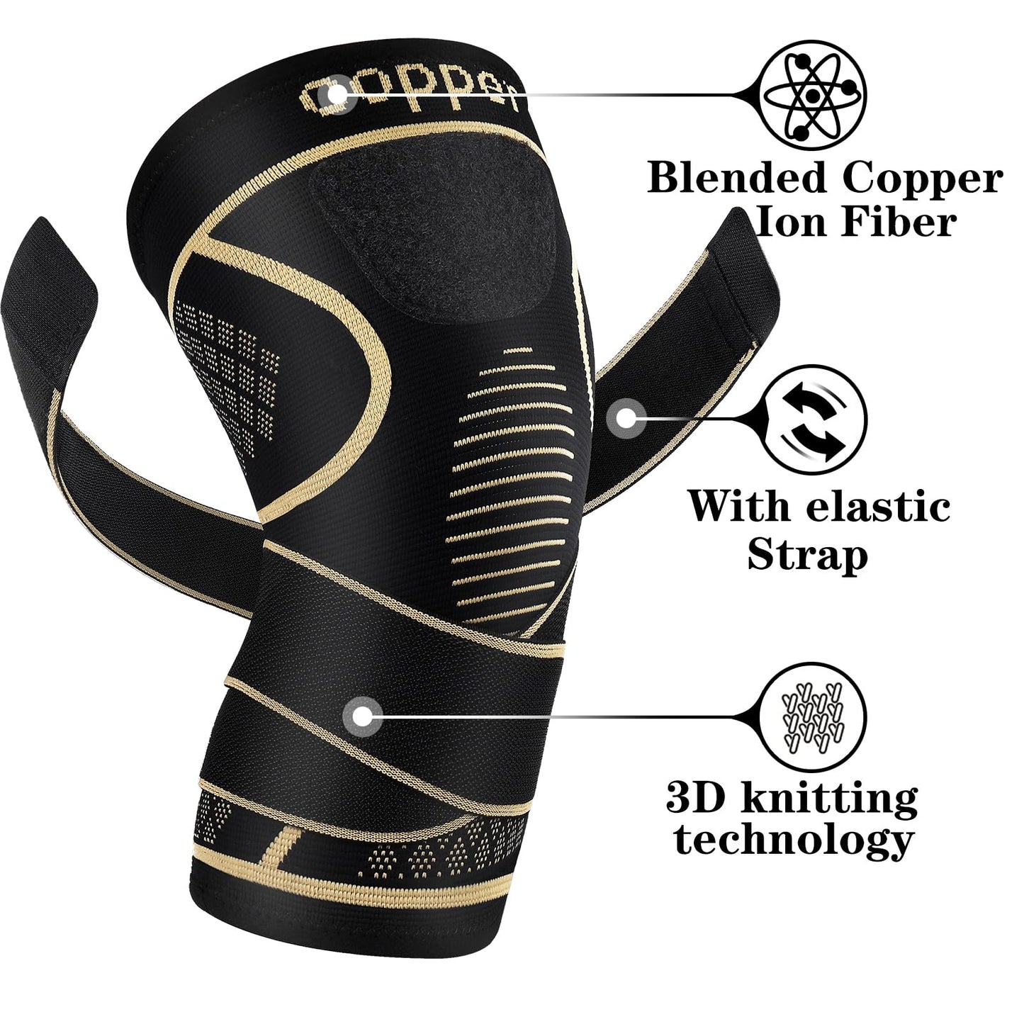 Copper Knee Braces with Strap for Knee Pain Women and Men(2 Pack), Knee Compression Sleeve for Arthritis, ACL, Meniscus Tear, Joint Pain Relief, Knee Support for Working, Running, Weightlifting(M)