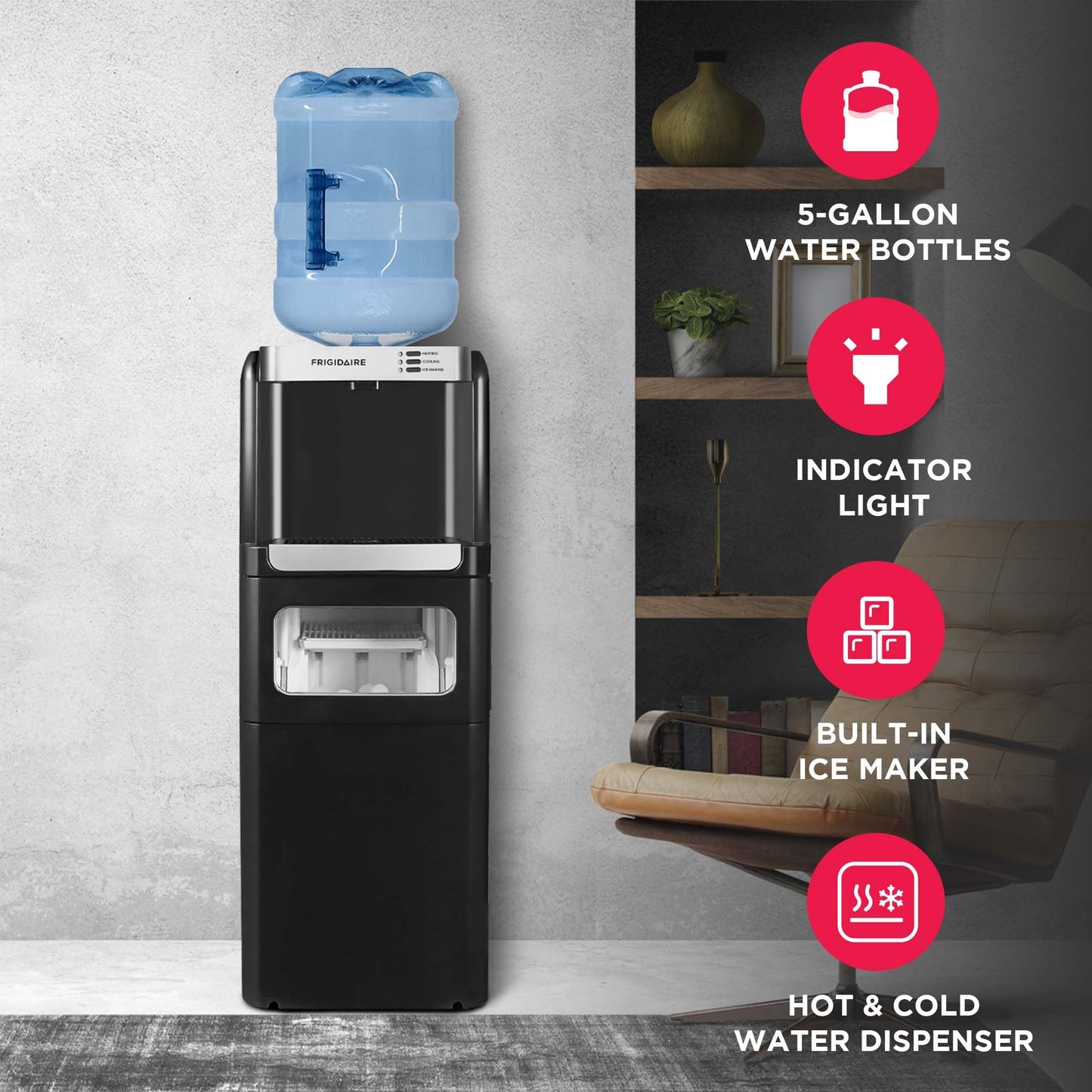 Frigidaire 3-in-1 Hot or Cold Top-Load Water Cooler Dispenser, 5 Gal Bottle, Built-in Bullet Ice Maker, Compact, Black