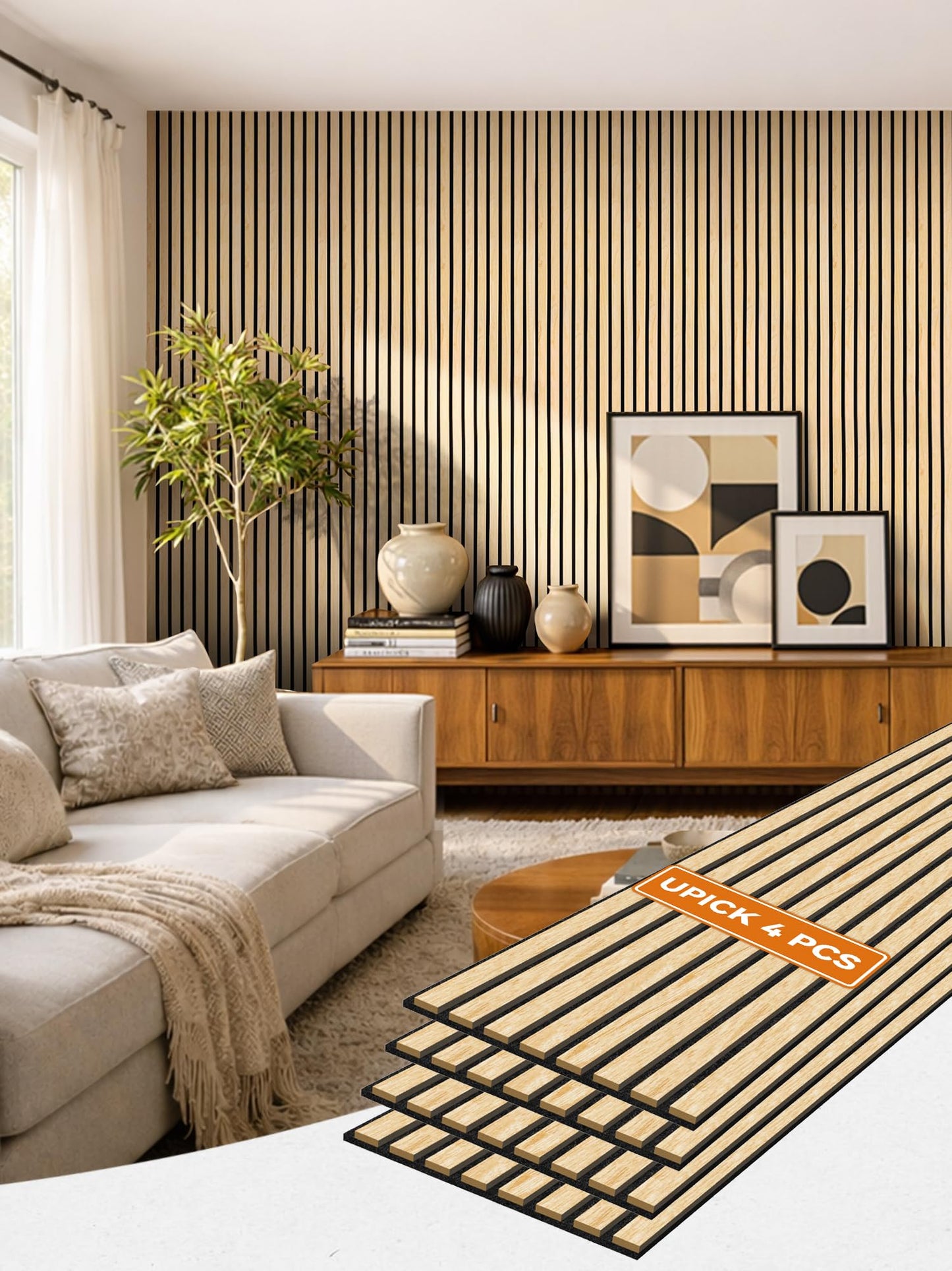 Upick Acoustic Wood Slat Wall Panels 93" x 12" Oak for Interior Decor - Sound Absorbing Accent Wall, Easy DIY Install, 4 Pack