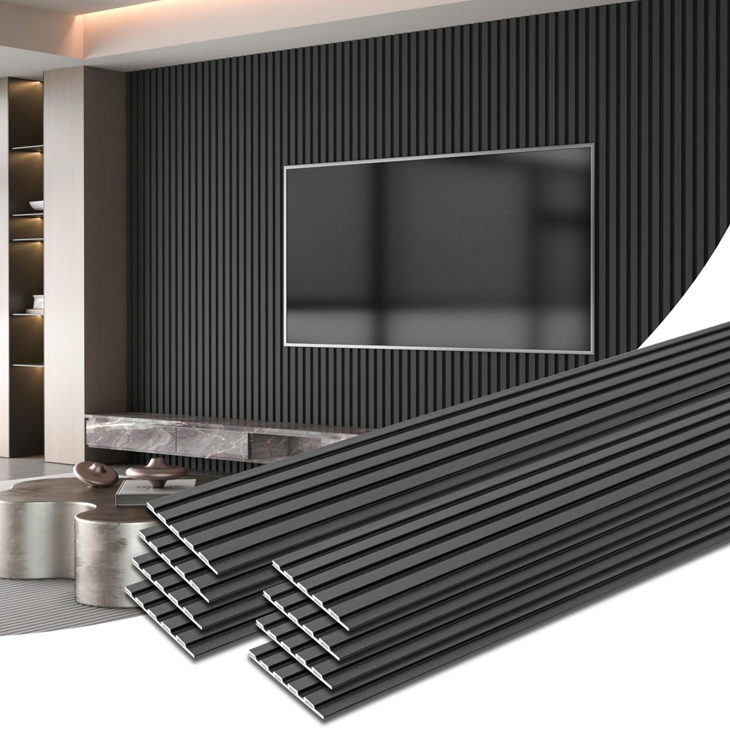 Art3d 16-Pack 48" x 6" WPC Wall Panels, Modern Accent Wall Paneling, Decorative Wainscoting Panels for Interior Wall Decor, Living Room, Bedroom, Office, Covering 32 Sq.ft, Black