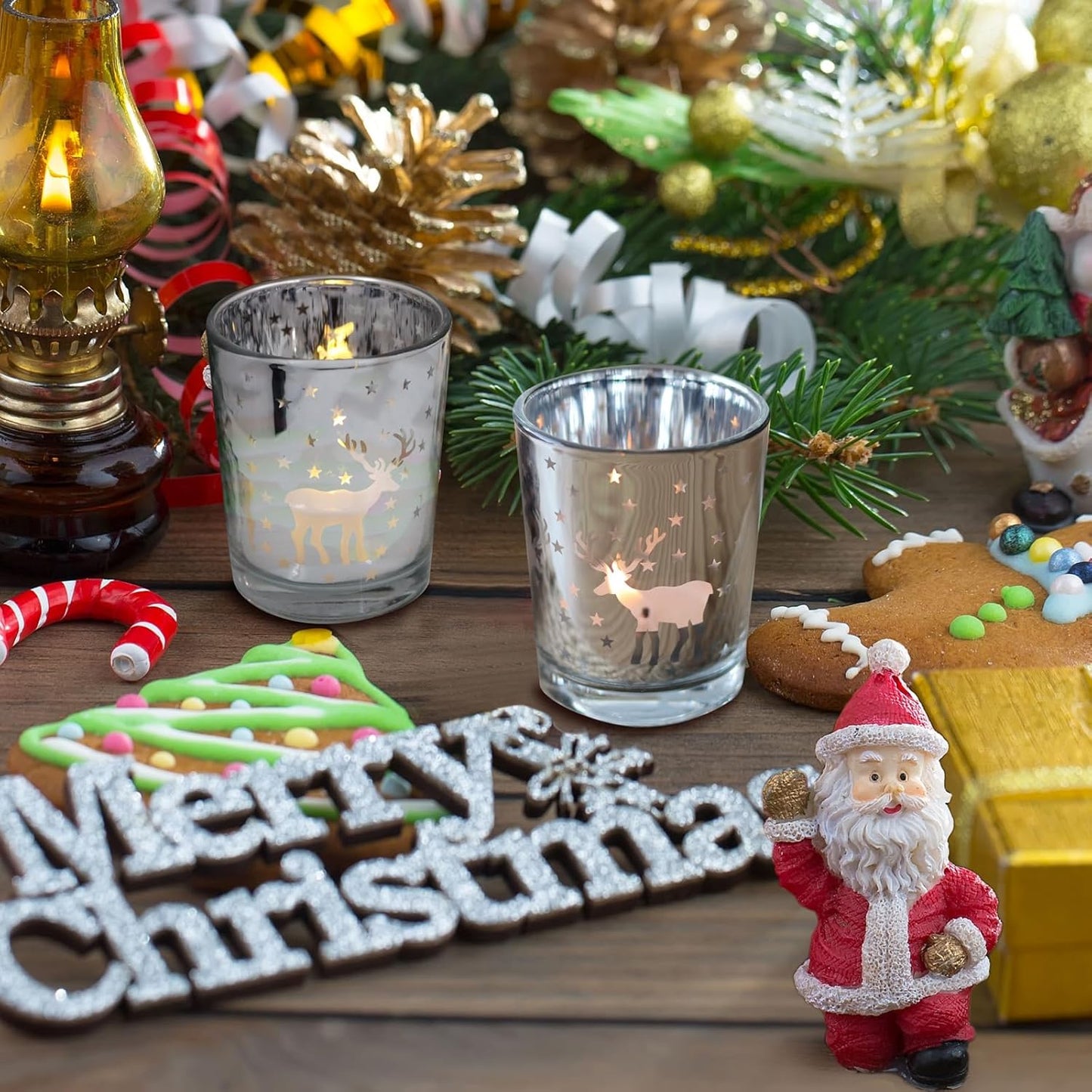Skiennix Silver Votive Tealight Candle Holders - 12PCS Carved Reindeer Xmas Table Centerpiece Decor