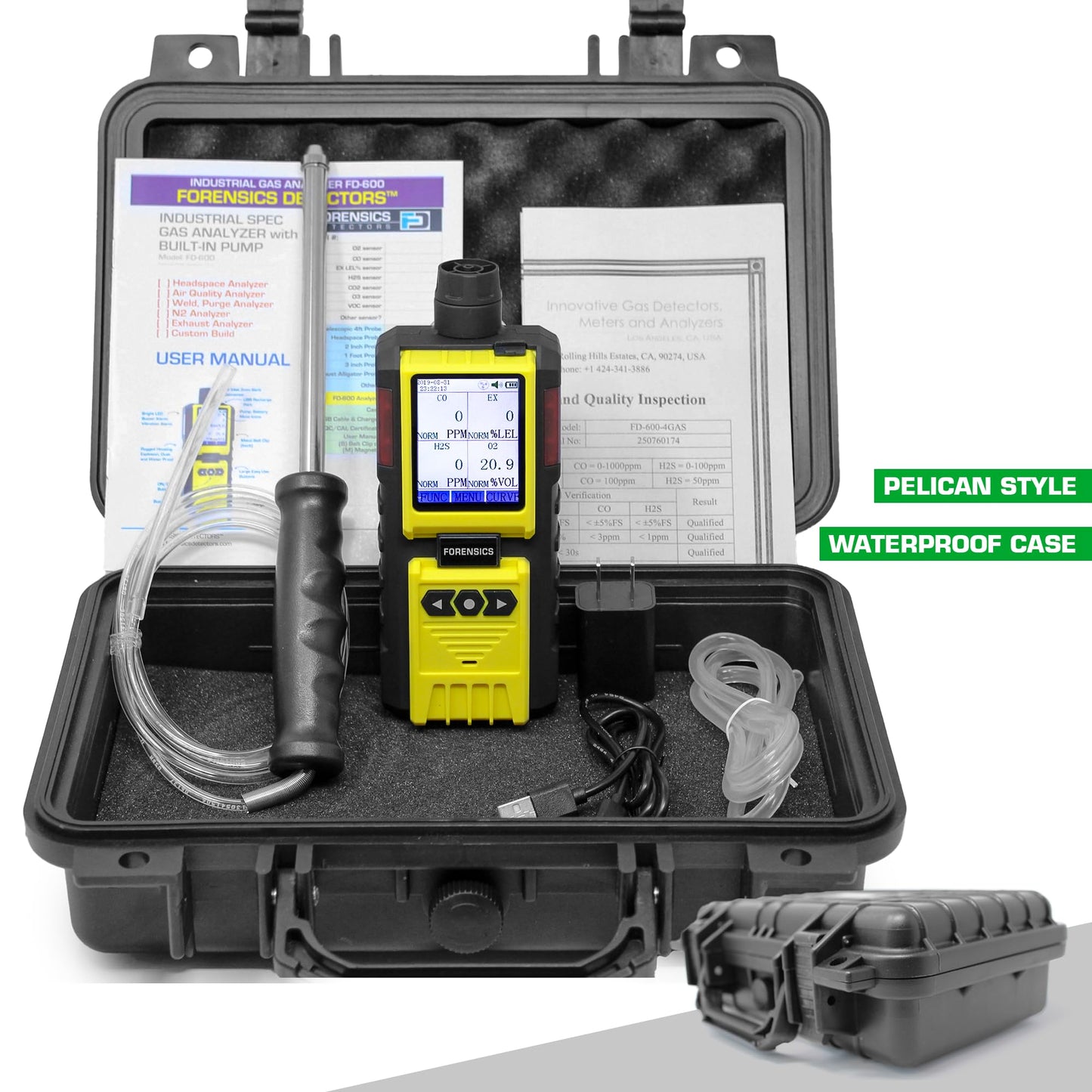 4 Gas Monitor by Forensics | Built-in Pump Multi Gas Meter | O2, CO, H2S, LEL | Color Display & Graphing | USA NIST Calibration | Computer Data Logging |