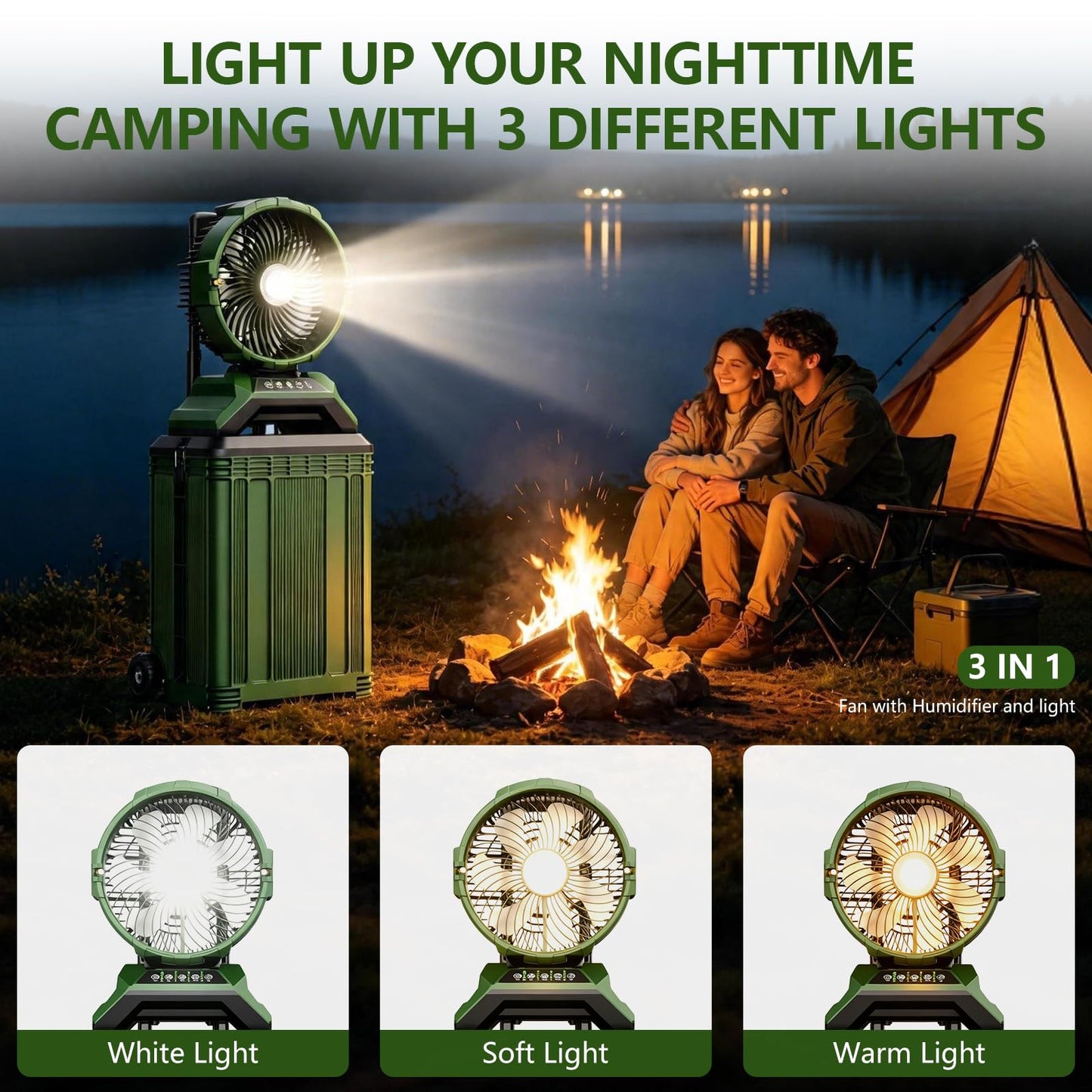 Veubew Portable Misting Fan with 30L Bucket, 30000mAh Rechargeable Battery Powered, 12Hrs Mist Rechargeable Fans, 4 Strong Winds, 4 Spray Mister, 3 Lighting Settings for Outdoor, Camping, Patios