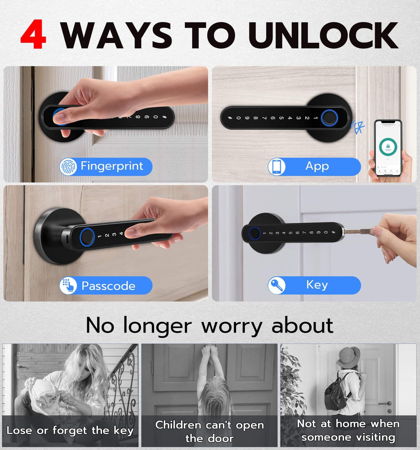 eLinkSmart Fingerprint Door Knob Lock, Smart Keyless Entry Door Lock with Code Keypad Handle, Biometric Electronic Security Locking Door Lever Locks for Bedroom Interior Indoor Room - Black