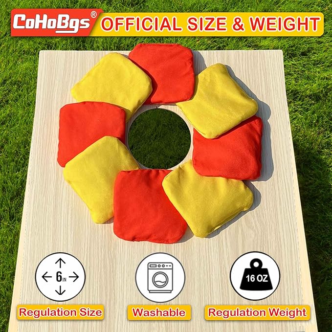 CoHoBgs Corn Hole Bags Set 8, Professional Cornhole Bags Dual-Sided Slick & Stick Resin Filled Suede and Duck Canvas Bean Bag for Cornhole Game Includes Carry Case