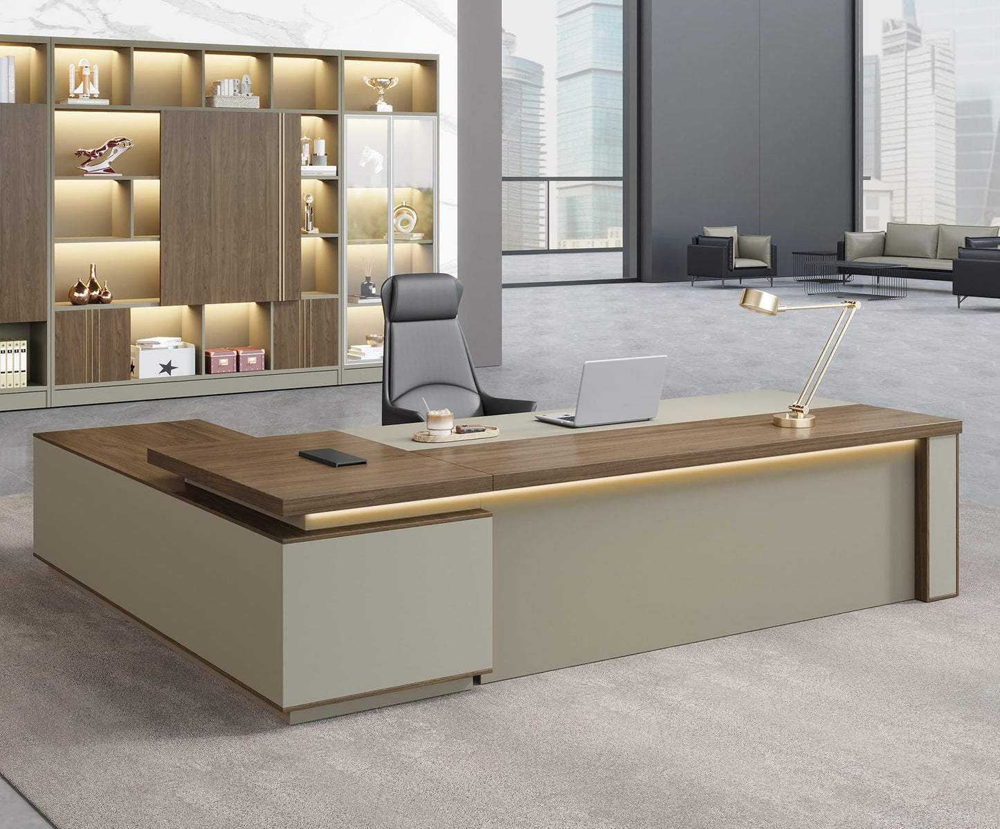 Anzhap 95" L-Shaped Executive Desk with Reversible Cabinets – Large Luxury Office Desk with Drawers, Open Storage Shelves, Built-in Power Outlets & LED Lighting for Home or Business