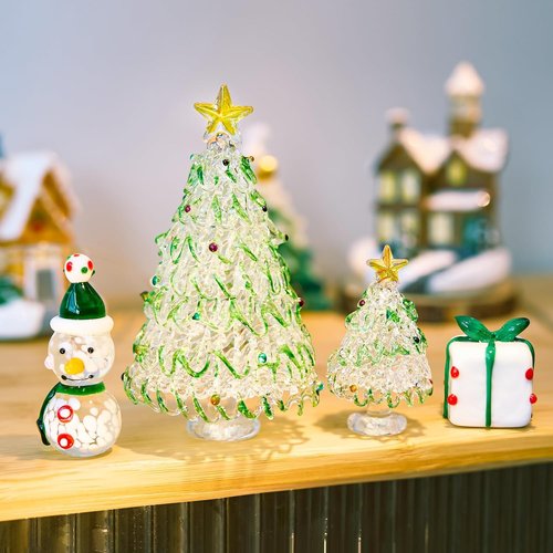 HDCRYSTALGIFTS Mini Blown Glass Christmas Figurines - Set of 4 Festive Ornaments for Holiday Decor
