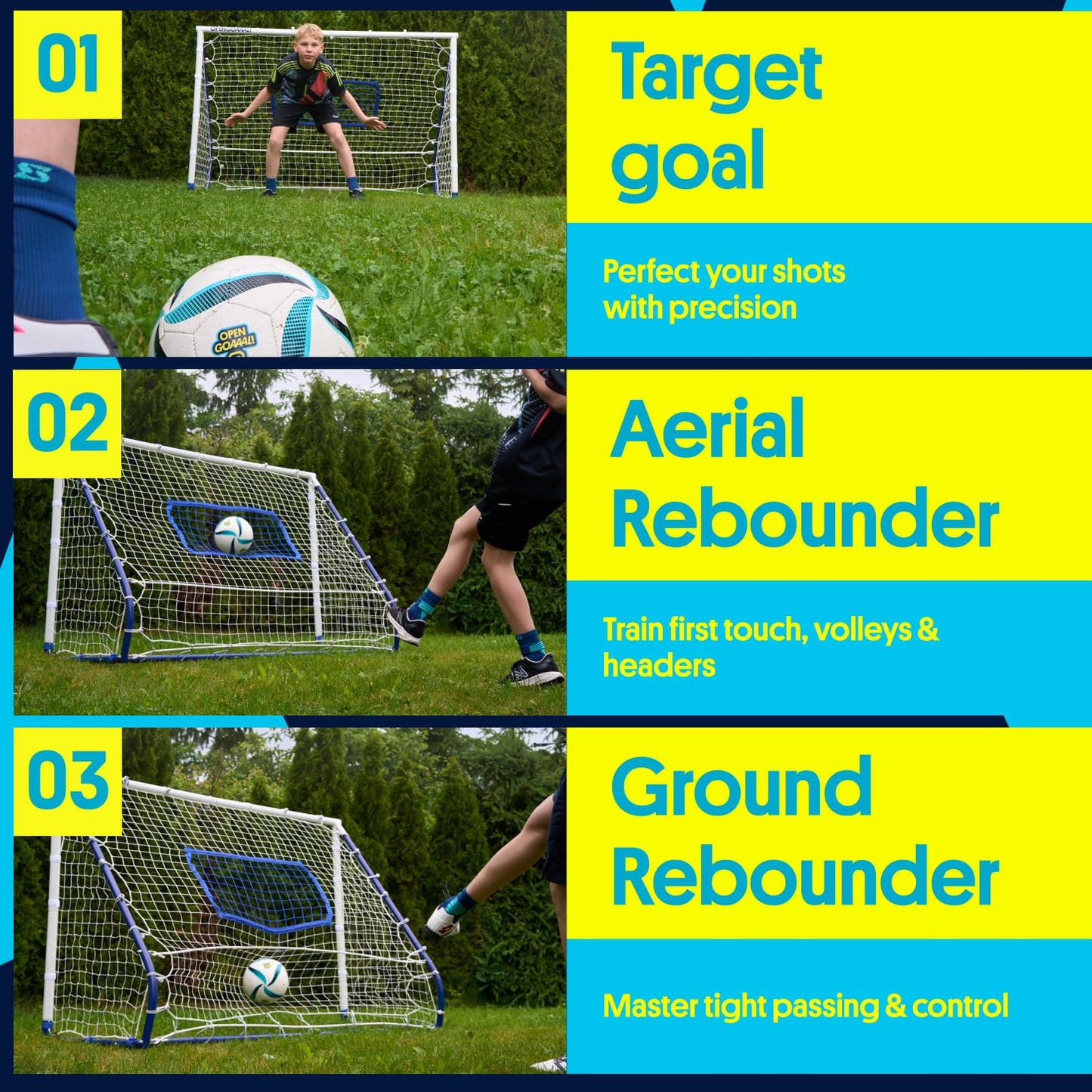 Open Goaaal 3-in-1 Soccer Rebounder Goal - 4 ft x 6 ft - Adjustable Angle Modes for Shooting Drills - Ground-Pass Setup for Passing Practice - High-Angle Rebound Net for Ball Control