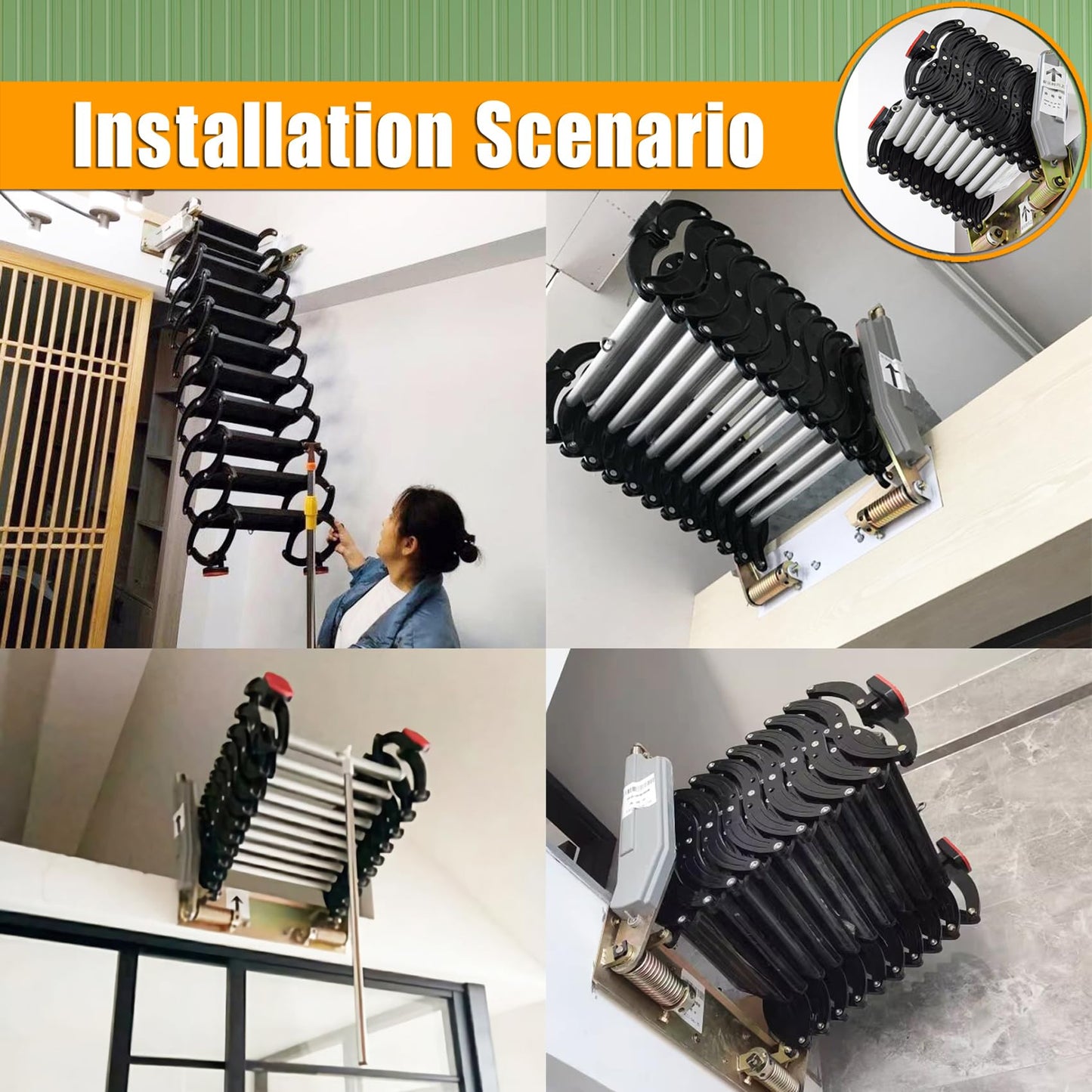TECHTONGDA 9.8ft Attic Stair Pull Down Loft Ladder, Al-Mg Alloy Wall Mounted Folding Retractable Attic Ladder, 12 Steps Folding Loft Stairs with 660LB Load Capacity, Black