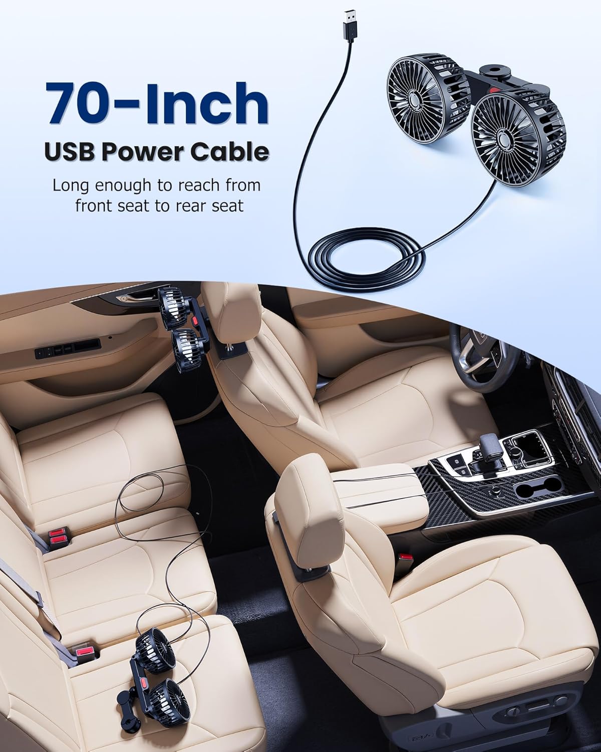 Yatessence 360 12V/24V Dual-Head Rear Seat Car Fan, Powerful Airflow, Rotation, Blows Both Left & Right, Adjustable