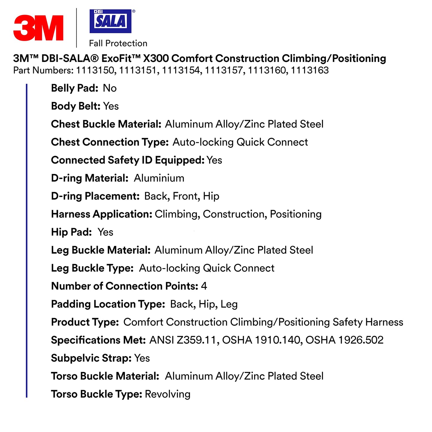 3M 1113154 DBI-SALA ExoFit X300 Comfort Construction Climbing Positioning Safety Harness Fall Protection, Aluminum Back, Front, Hip D-Rings, Auto-Locking Quick Connect Leg and Chest Buckles, Medium