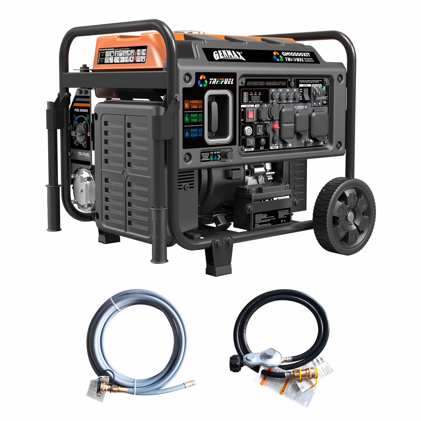 GENMAX 10500 Peak Watt Tri Fuel Open Frame Inverter Generator,with ATS,Quiet Technology,CO Sensor,digital display and 50A,Ideal for Home backup,contruction site and RV Camping (GM10500XiT)