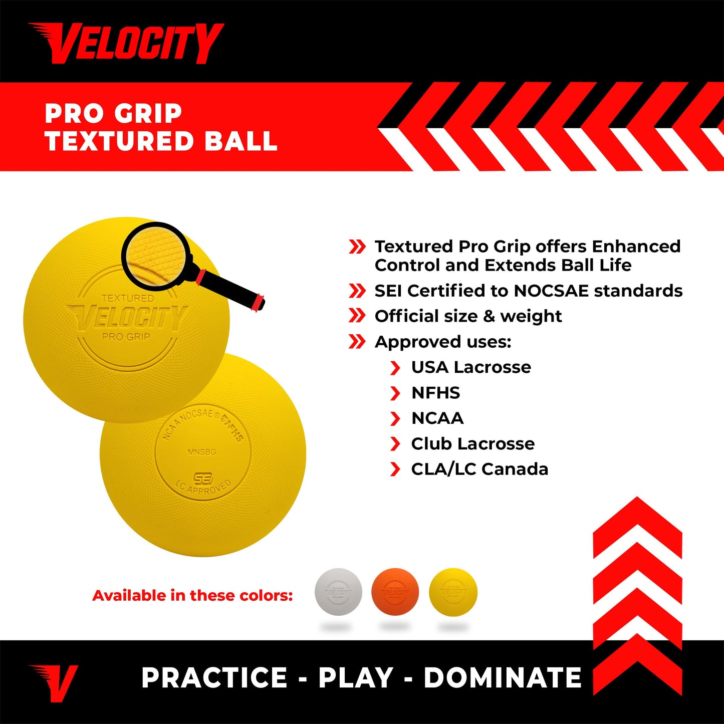 Velocity Pro Grip Lacrosse Balls - 6, 12, 18, 60 and 120 Packs - Certified for Youth, Club, High School, CLA, and College Game Play - Yellow