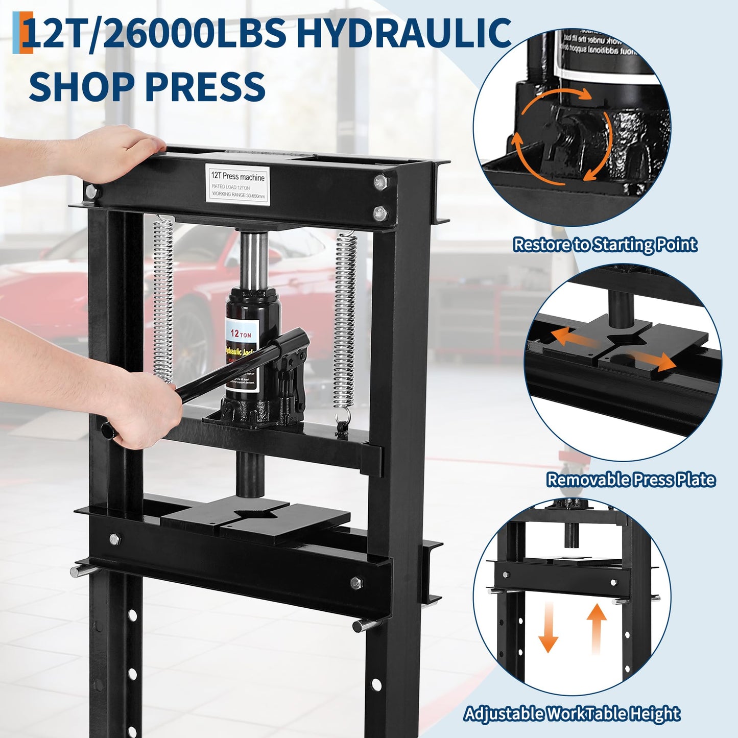 Garvee 12T Hydraulic Press, H-Frame Hydraulic Shop Press with 2 Press Plates, Heavy Duty Garage Floor Shop Press with Adjustable Work Table Height for U-Joints, Black
