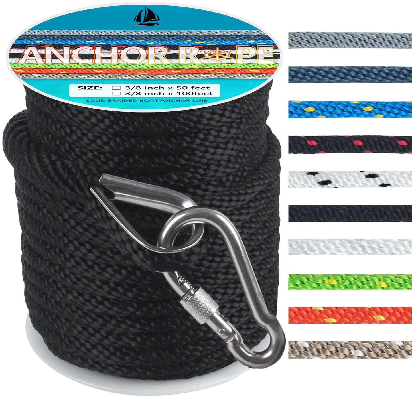 3/8 Inch 50 FT Anchor Rope, Boat Anchor Rope Solid Braid MFP, Anchor Line with 316 Stainless Steel Thimble and Snap Hook - Black