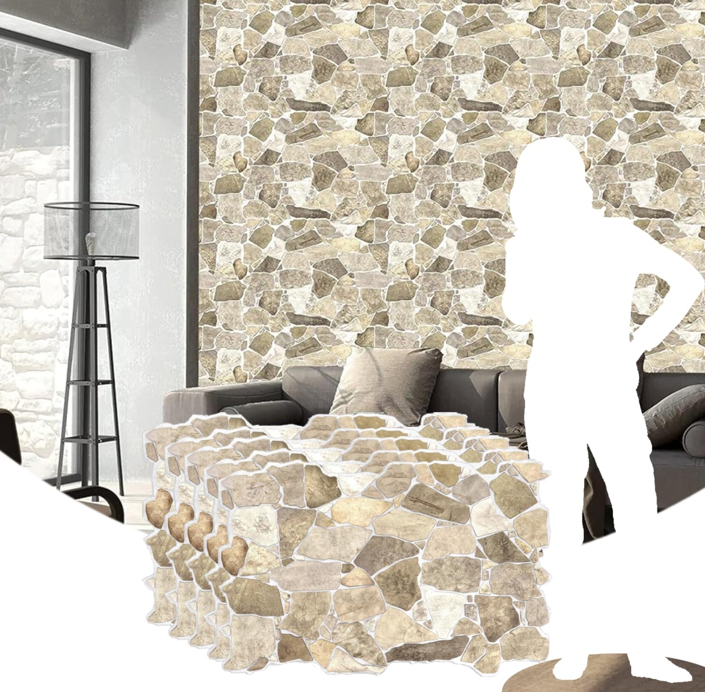Dundee Deco 3D Stone Wall Panels PVC - Pack of 5, 39"x25" Panel, Covers 33.5 sq. ft - Brown Beige Wall Paneling for Interior Wall Decor