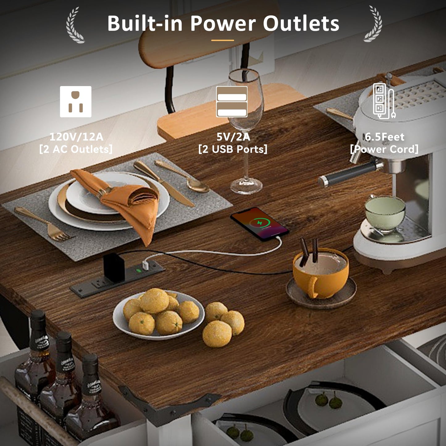 EQEY 53.7" Farmhouse Kitchen Island with Power Outlet, 2 Sliding Barn Door Kitchen Storage Island with Drop Leaf, Spice Rack Rolling Kitchen Cart on Wheels, for Home, Kitchen and Dining Room, White