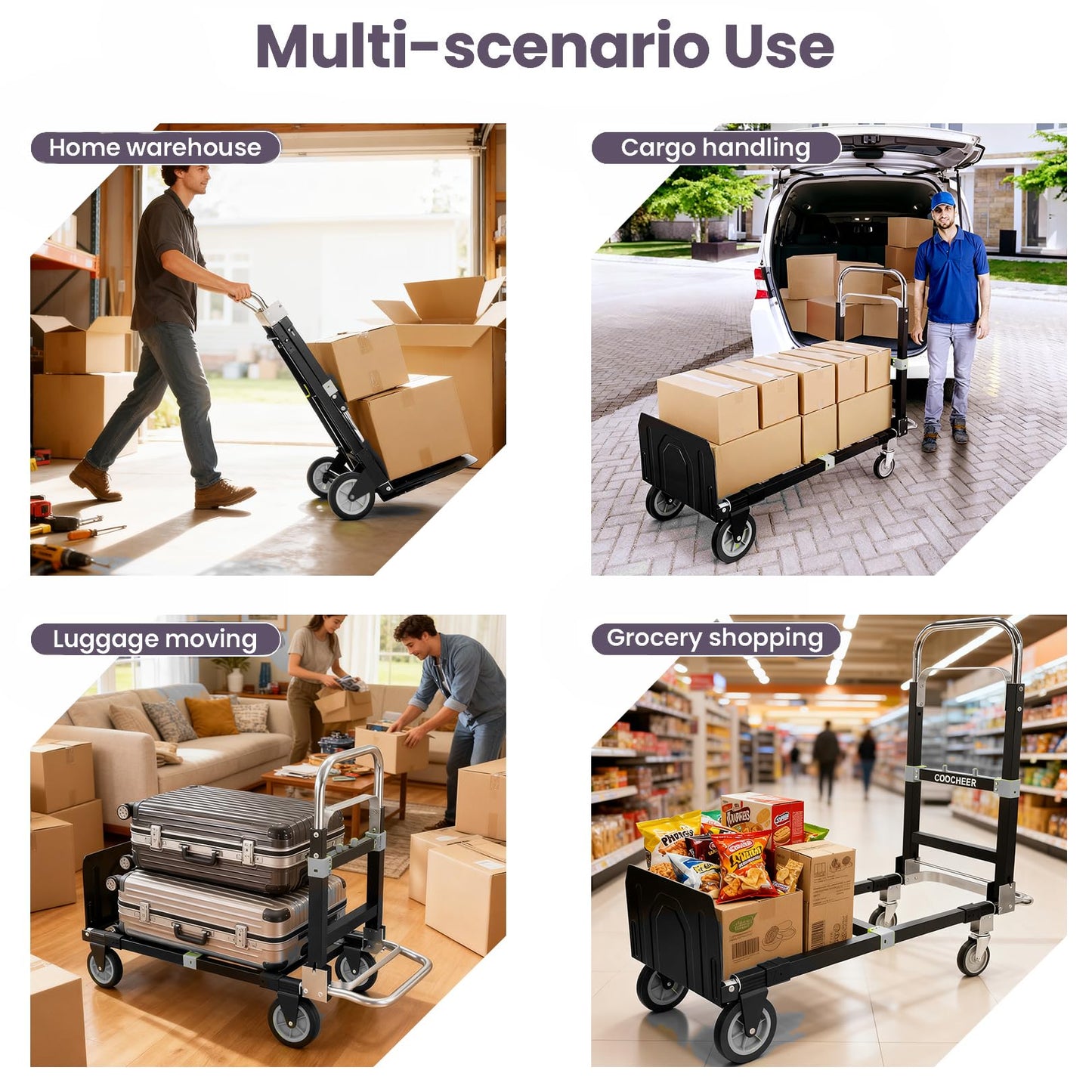 3-in-1 Convertible Heavy Duty Folding Hand Truck Dolly, 600LB Capacity with Rubber& Wheels Telescoping Handles, Portable Collapsible Cart for Warehouse, Supermarket, Office (Black)