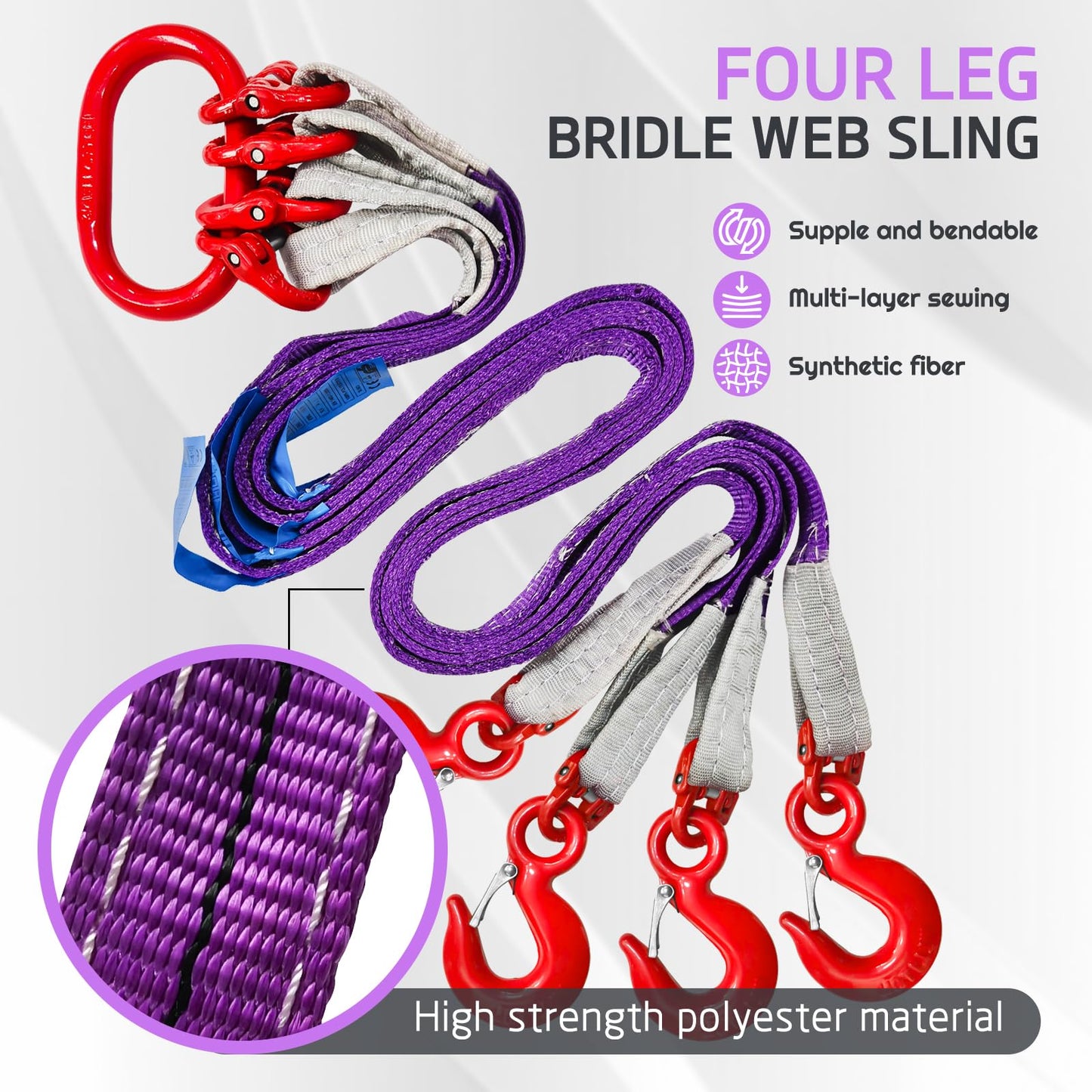 SENKEYFE Four Leg Bridle Web Sling 5ft 6600lbs Lifting Slings with G80 Alloy Steel Grab Hooks and Adjuster Polyester Webbing Purple Rigging Straps for Safe Towing and Handling of Cargo