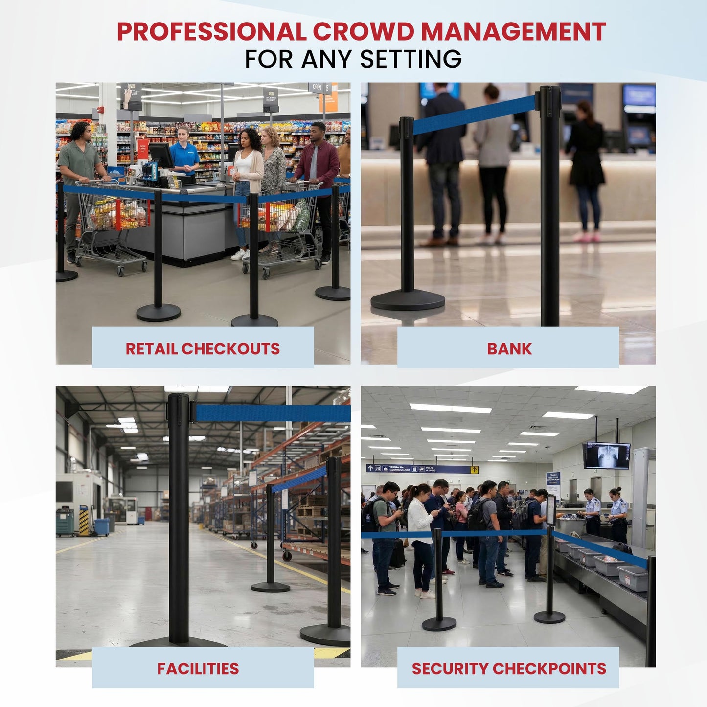 Crowd Control Warehouse Set of 2 Stanchion Retractable Belt Barriers, 11 Foot Dark Blue Belt Barrier with 40” Black Posts, Premium Barriers with Heavy Duty Concrete Base, CCW Series RBB-100
