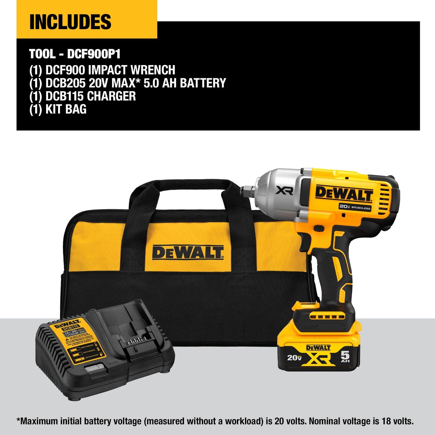 DEWALT 20V MAX Cordless Impact Wrench with Hog Ring Anvil, Brushless High Torque 1/2 Impact Gun, 4-Mode Speed, Includes Battery, Charger and Kit Bag (DCF900P1)