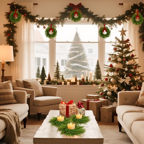 6 Pcs Mini Christmas Wreaths for Kitchen Cabinet, 7.87" Small Christmas Wreath with Ribbon Bows, Norfolk Pine Candle Ring Holder for Table Centerpiece Window Chair Wall Decors
