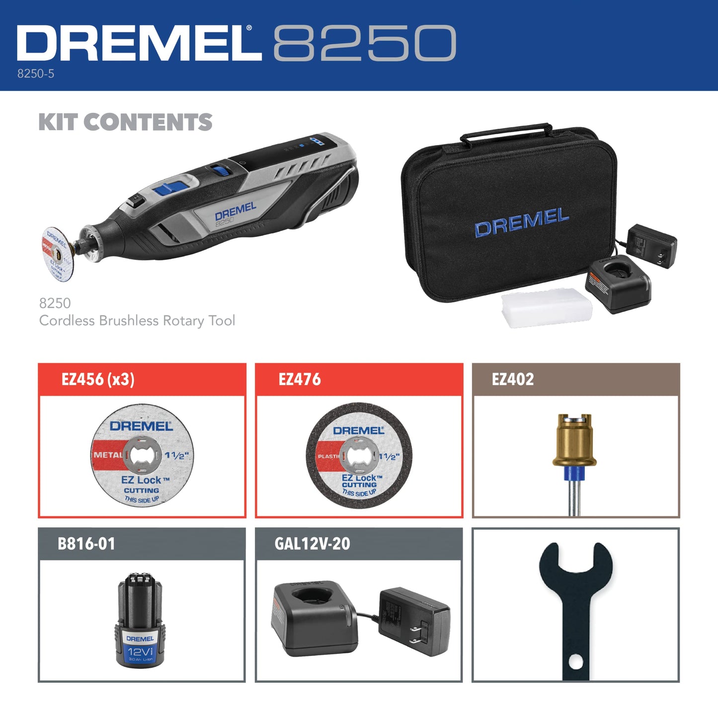 Dremel 8250-5 12V Lithium-Ion Variable Speed Cordless Rotary Tool with Brushless Motor - 5 Rotary Tool Accessories, 3Ah Battery, Charger, and Tool Bag