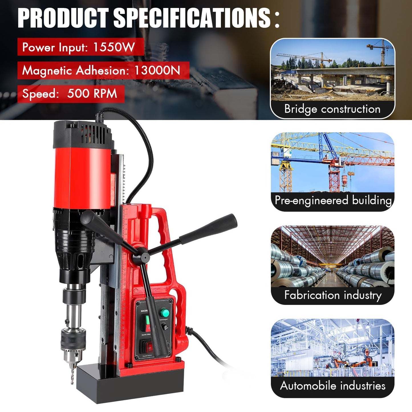 110V 1550W Magnetic Drill Press, 2" Drilling Capacity, 500 RPM, Variable Speed Single-Rail Portable Industrial Drill for Steel, Construction & DIY