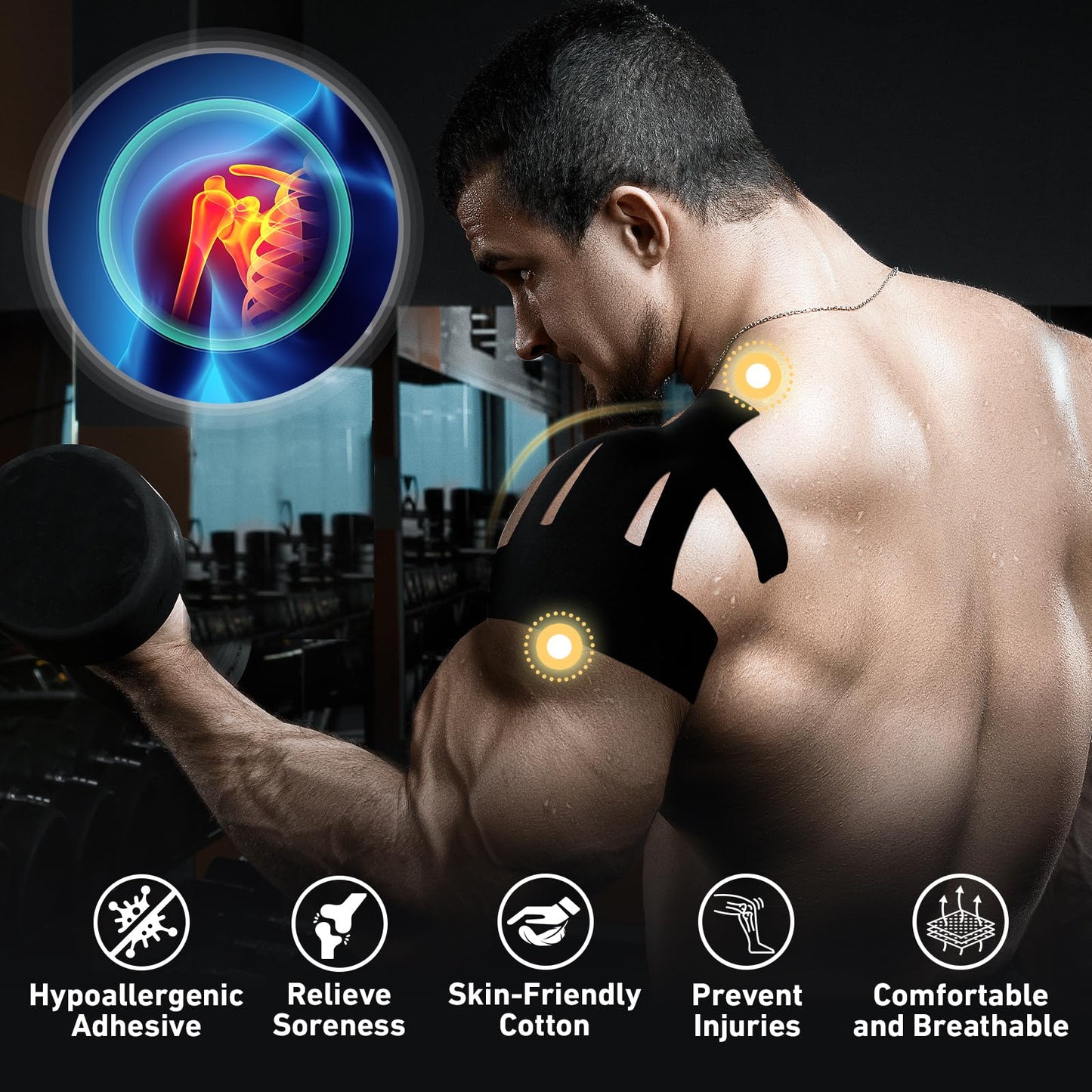 Kinesiology Tape for Shoulder Precut, 12 PCS Shoulder Tape for Pain Relief, KTQUICK Original Cotton Waterproof & Breathable, Enhance Elastic Sports Tape for Pain Support and Muscle Sports, Black
