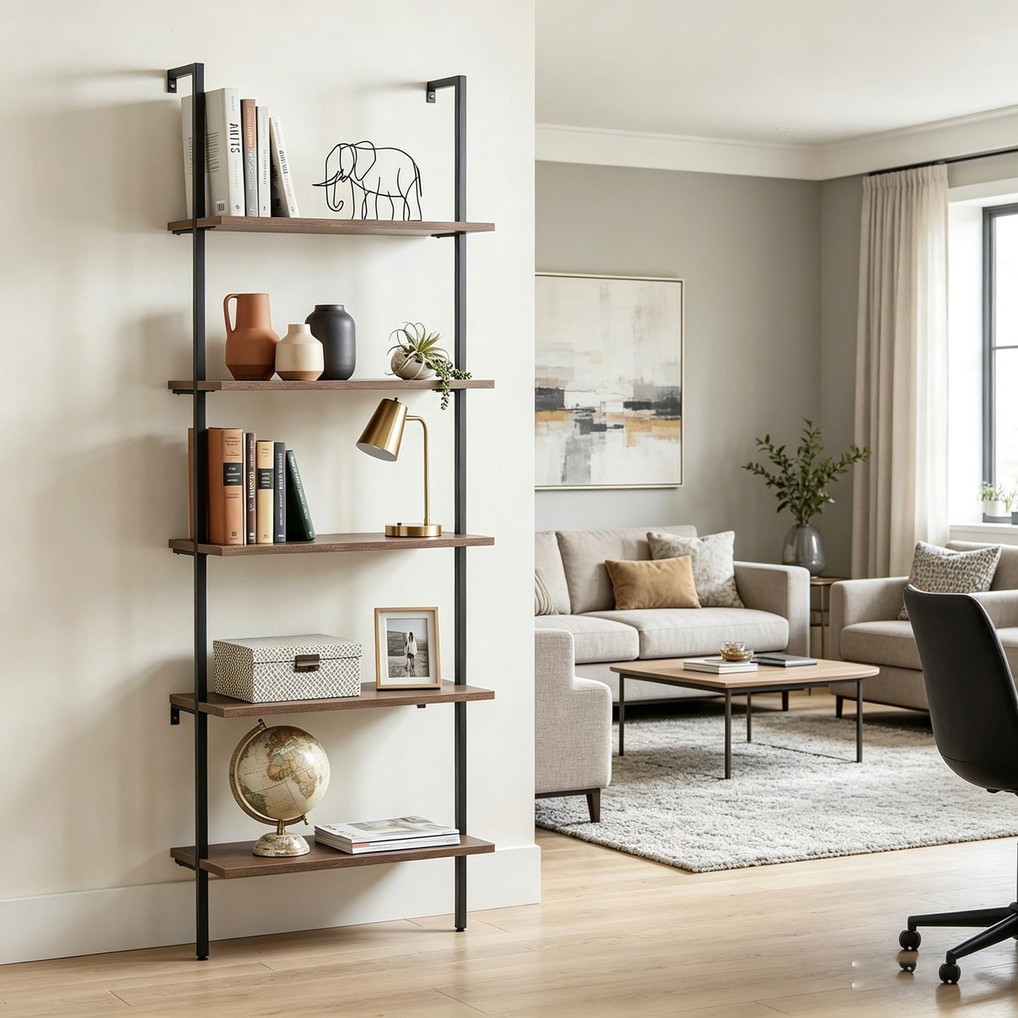 Wolawu 5 Tiers Ladder Shelf 2-Piece Black Modern Tall Bookshelf Open Large Tall Wall Mount Storage Bookcase Standing Leaning Wall Shelves Industrial Decorative (Brown)