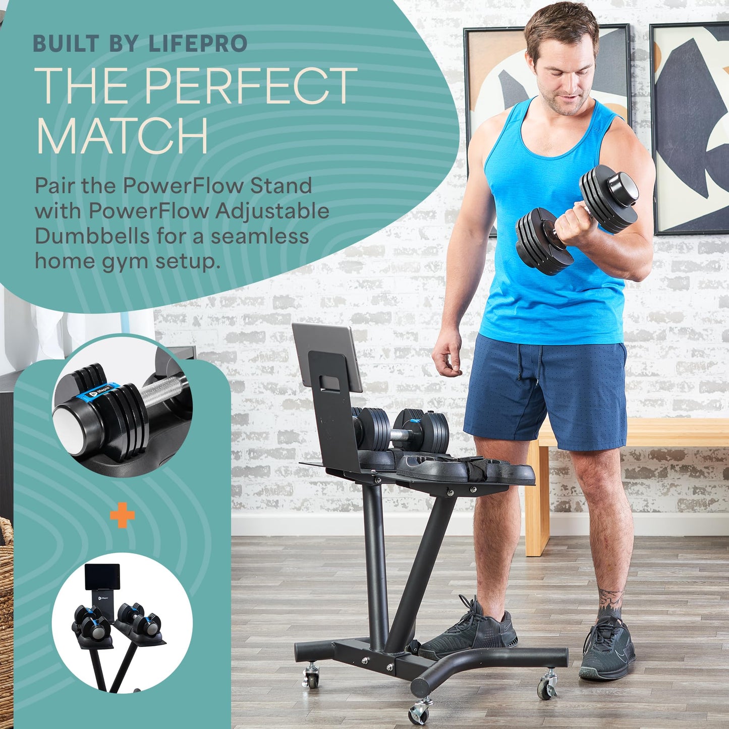 Lifepro PowerFlow Pro Stand — Adjustable Dumbbell Stand & Rack with Locking Wheels Phone/Tablet Holder — Compatible with PowerFlow Plus, PowerUp Plus & Other Brands – Smart, Space-Saving for Home Gym