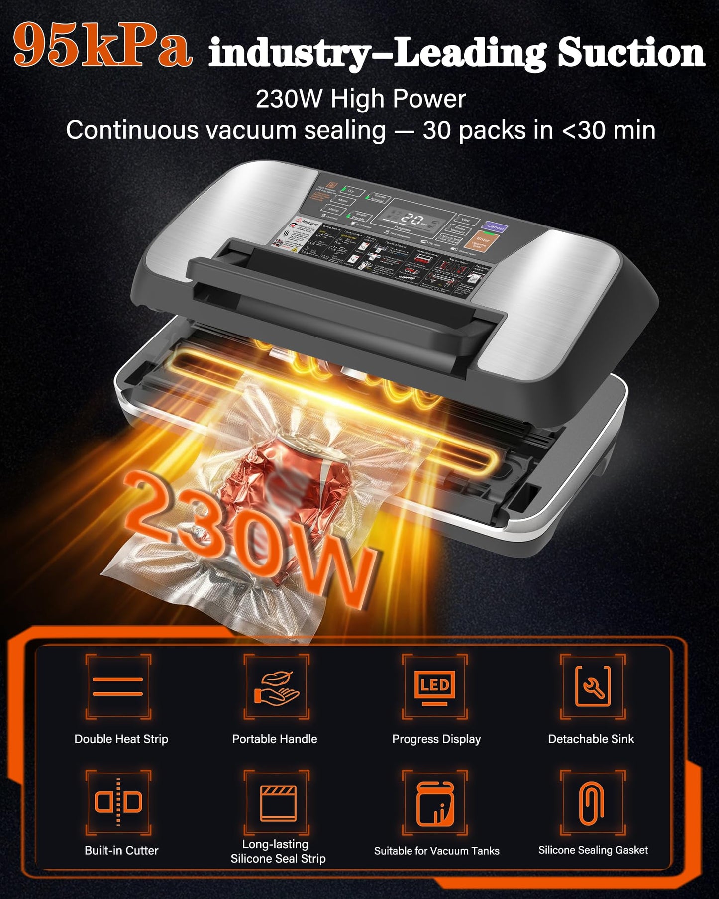 95KPa Food Vacuum Sealer Machine, 230W Vacuum Pack Machine 12-in-1 Automatic Powerful Food Preservation System with Double Heat Seal, Includes Built-in Cutter, Storage, 1 Roll & 10 Bags Black-silver