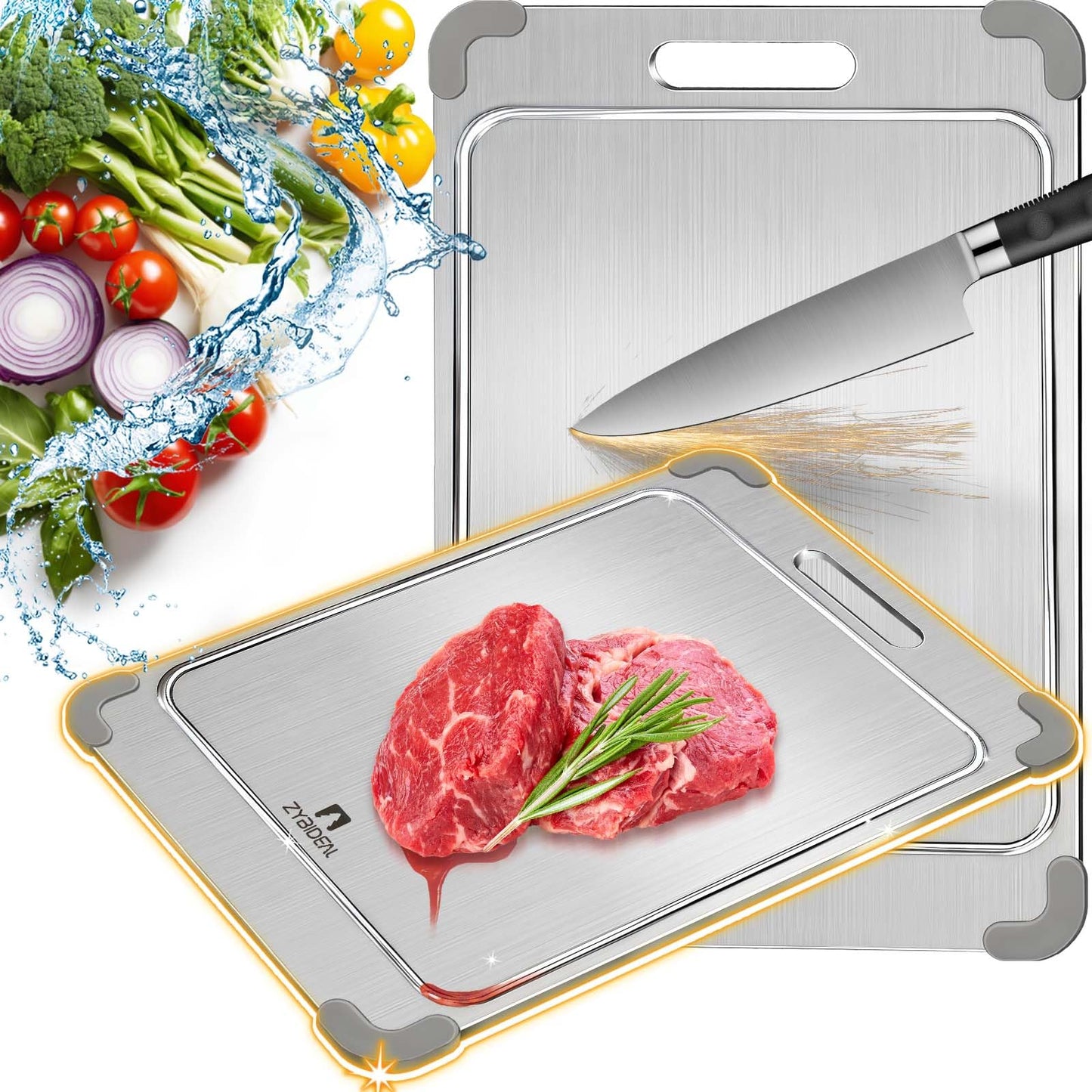 ZYBIDEAL 100% Pure Titanium Cutting Board with Grooves, Update Double Side Titanium Chopping Board, Silicone Anti-slip Stainless Cutting Boards for Kitchen 11 * 15 IN, Grey