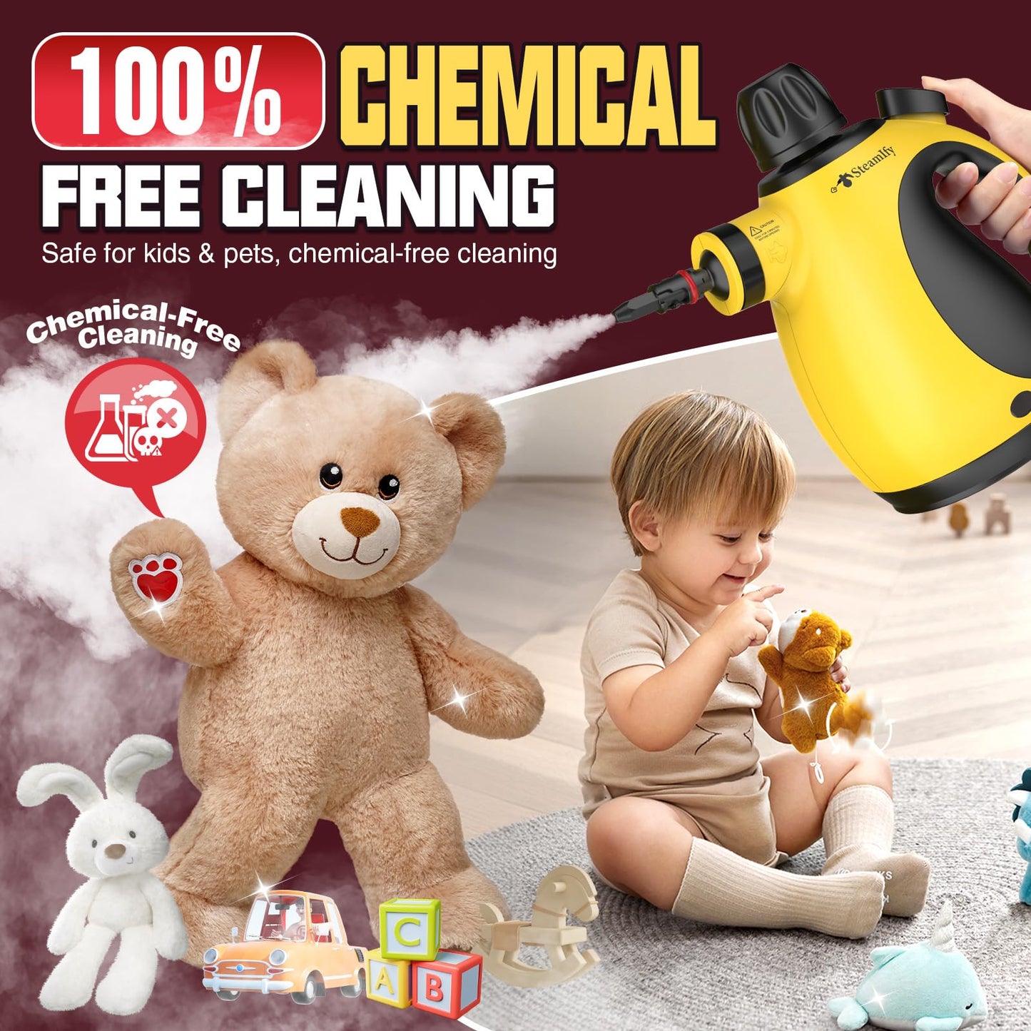 STEAMIFY Pressurized Handheld Steam Cleaner for Home, Multi-Surface Steamer with 12 Accessories, 12.8oz Natural Steamer for Cleaning Car, Bathroom, Shower, Upholstery, Grout, Window, Grease