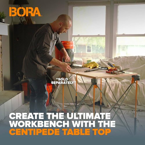 Bora Centipede Folding Work Table - 2 Ft. L x 4 Ft. W x 2.5 Ft. H - Steel, 1500 lb Capacity, Gray/Yellow