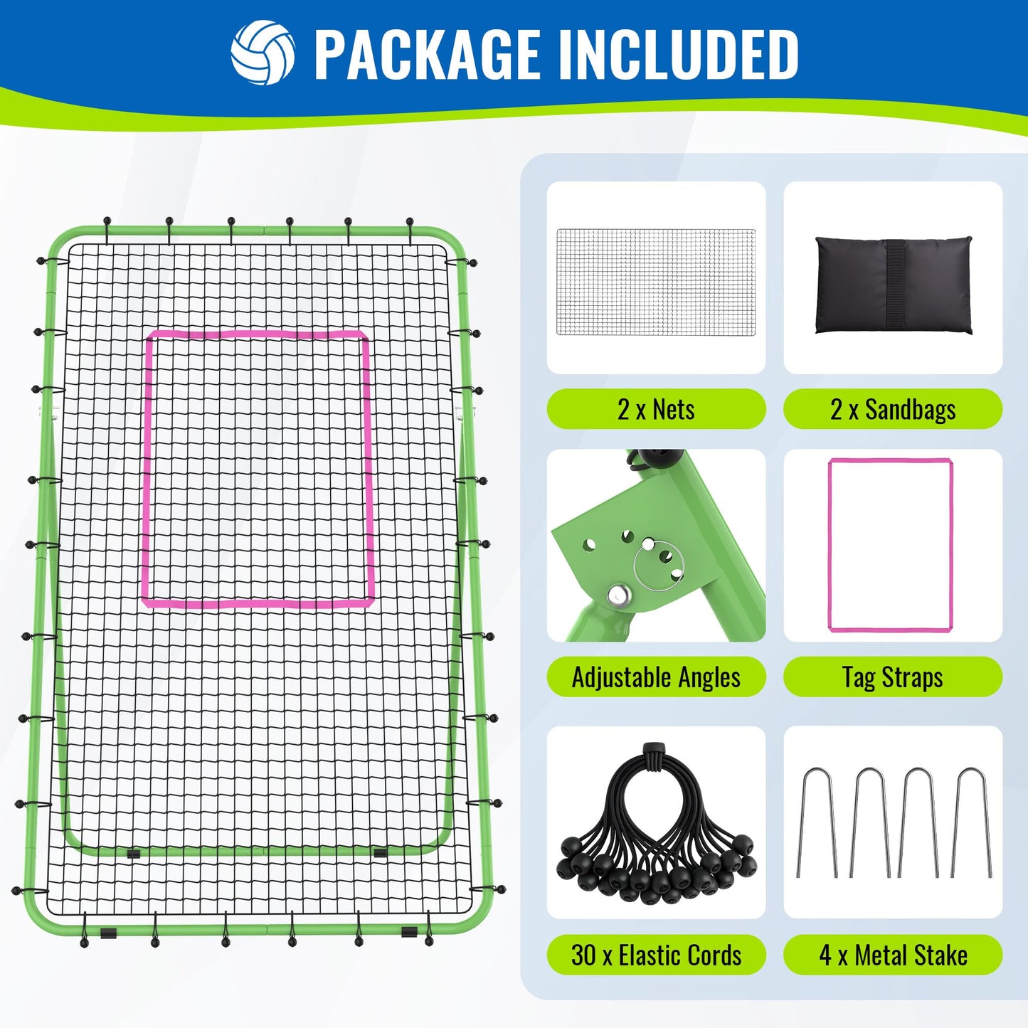 Oswerpon Volleyball Rebounder Net 7x4 FT, 5-Angle Adjustable Bounce Back Net, Steel Frame & PE Training Net for Volleying/Spiking, Rust-Resistant & Durable – w/Travel Bag, 2 NETS (Green & Pink)
