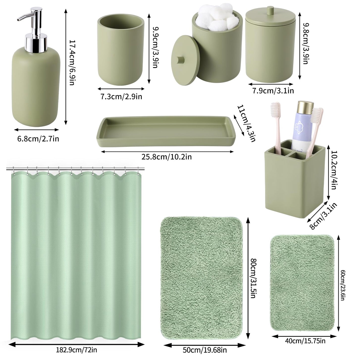 Sage Green Bathroom Accessories Set with Shower Curtain and Mats, 21 Pcs Resin Toothbrush Holder Sets with Holder and Lotion Soap Dispenser,Bathroom Countertop Organizer Set for Home Apartment