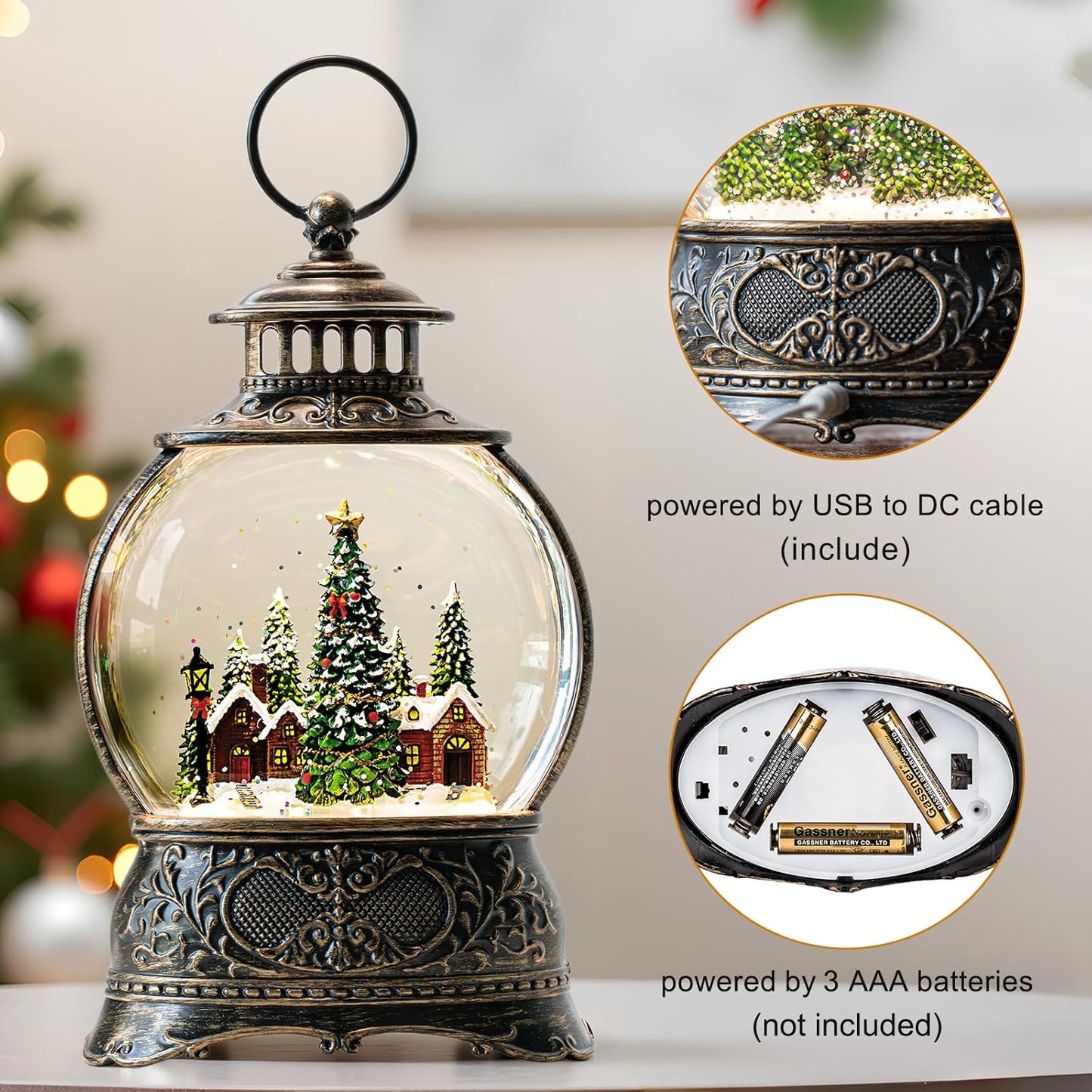 Regine Switzerland Christmas Snow Globe Lantern - Musical Lighted Decoration with Timer & USB/Battery Operated